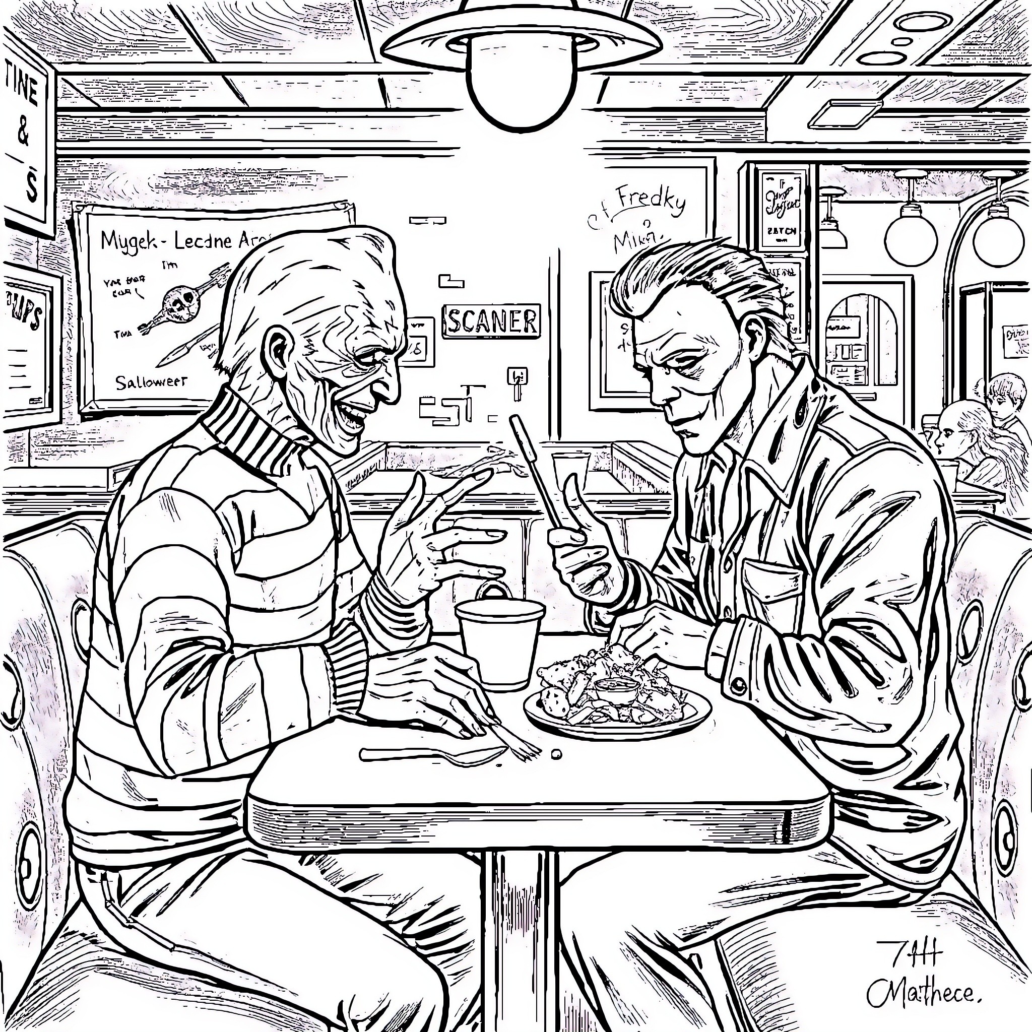 Freddy Krueger having a casual conversation with a stranger in a diner Coloring Page (free black-and-white line drawing printable PDF for all, from beginners to advanced learners, including children, teens, adults, and seniors)