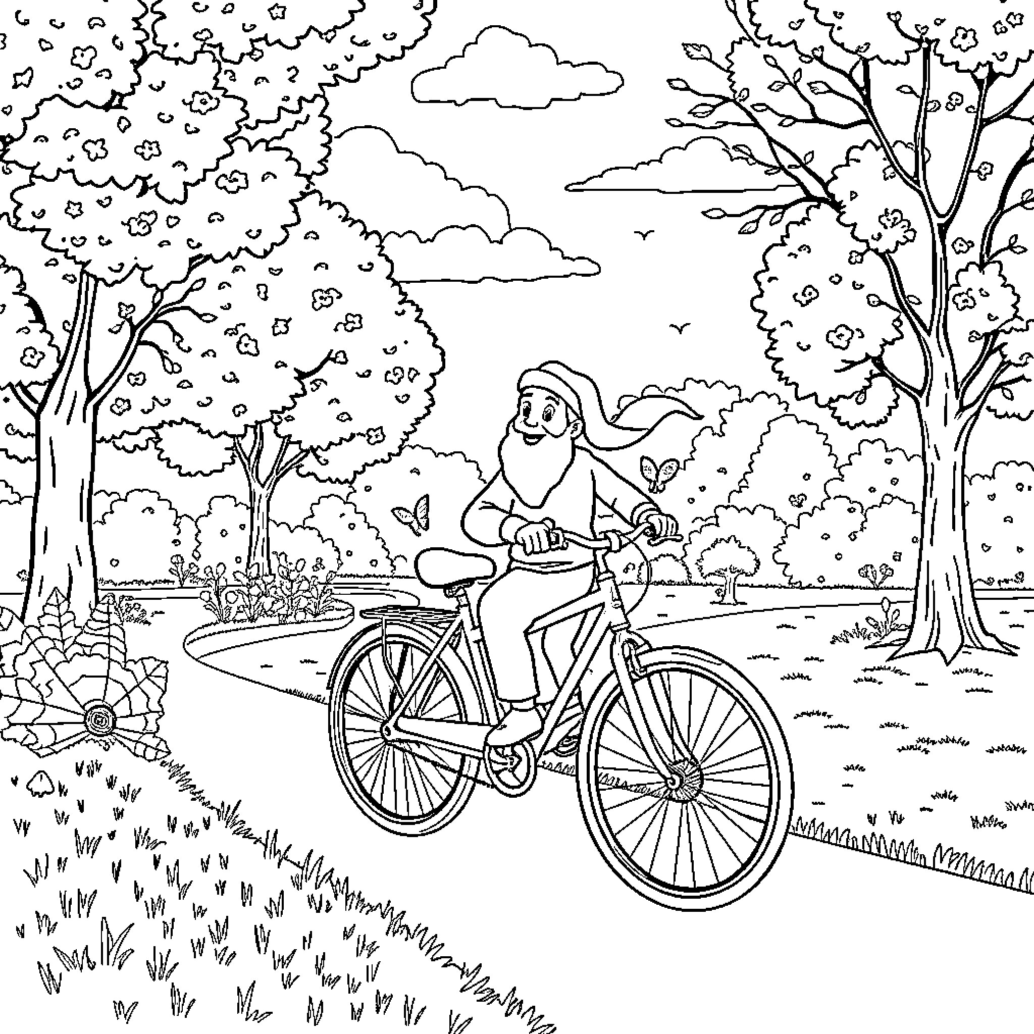 Rumi on a Bicycle in Nature Coloring Page (free black-and-white line drawing printable PDF for all, from beginners to advanced learners, including children, teens, adults, and seniors)