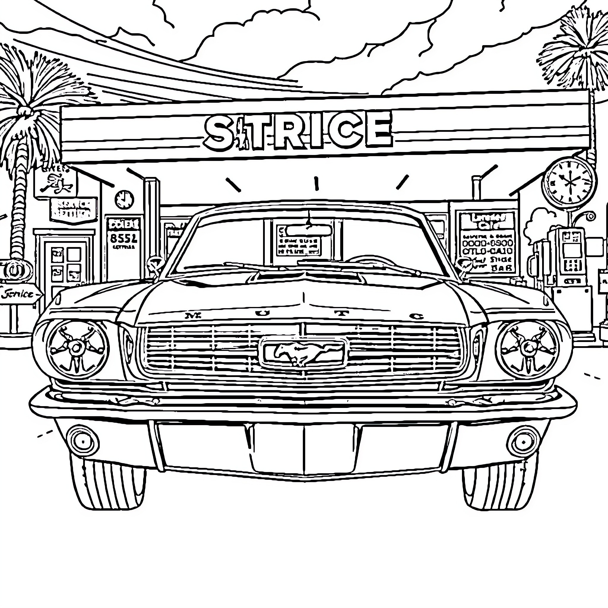 Mustang parked at vintage service station Coloring Page (free black-and-white line drawing printable PDF for all, from beginners to advanced learners, including children, teens, adults, and seniors)