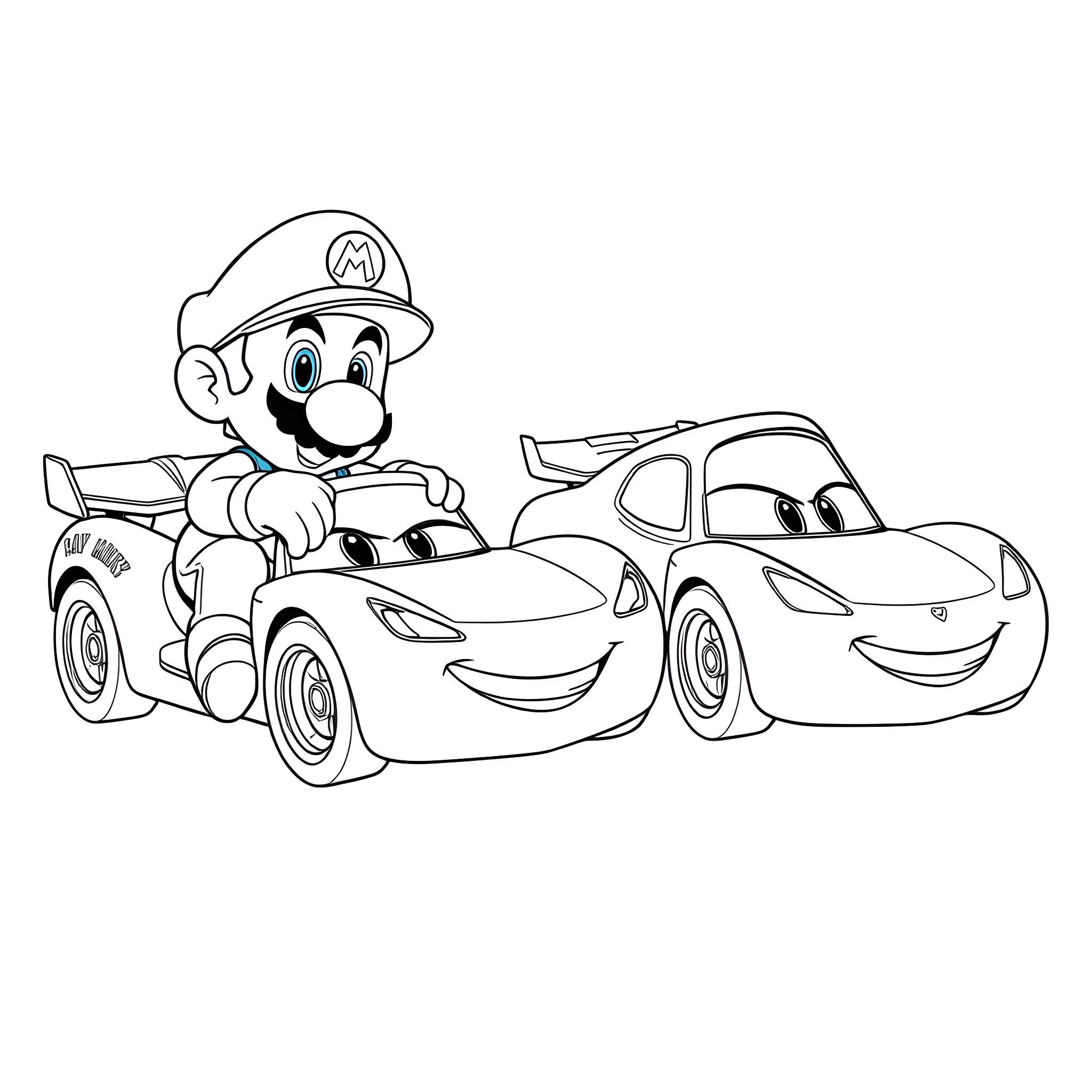 Super Mario rides a cartoon car with a smiling friend Coloring Page (free black-and-white line drawing printable PDF for all, from beginners to advanced learners, including children, teens, adults, and seniors)