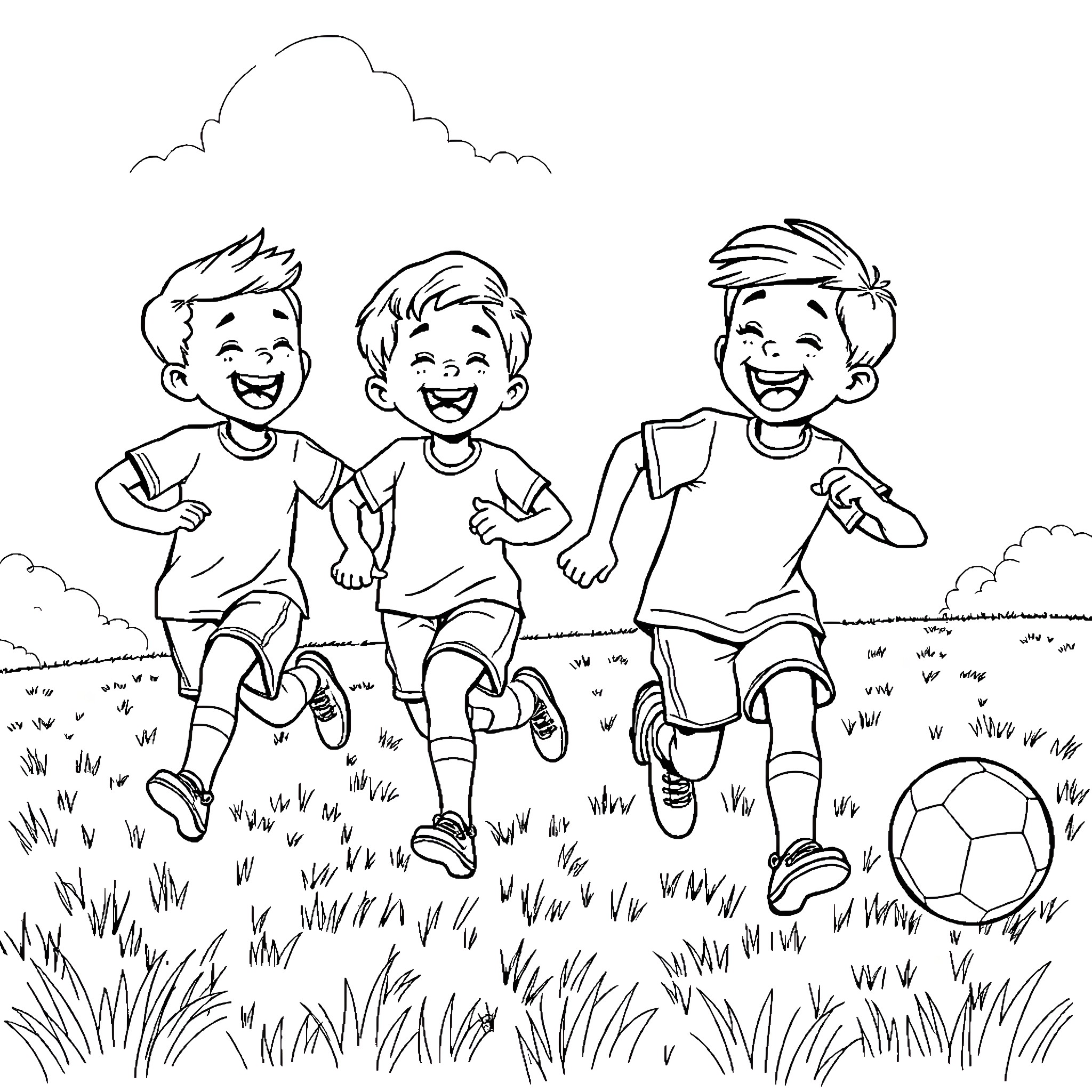 Kid friends playing soccer outdoors happily Coloring Page (free black-and-white line drawing printable PDF for all, from beginners to advanced learners, including children, teens, adults, and seniors)