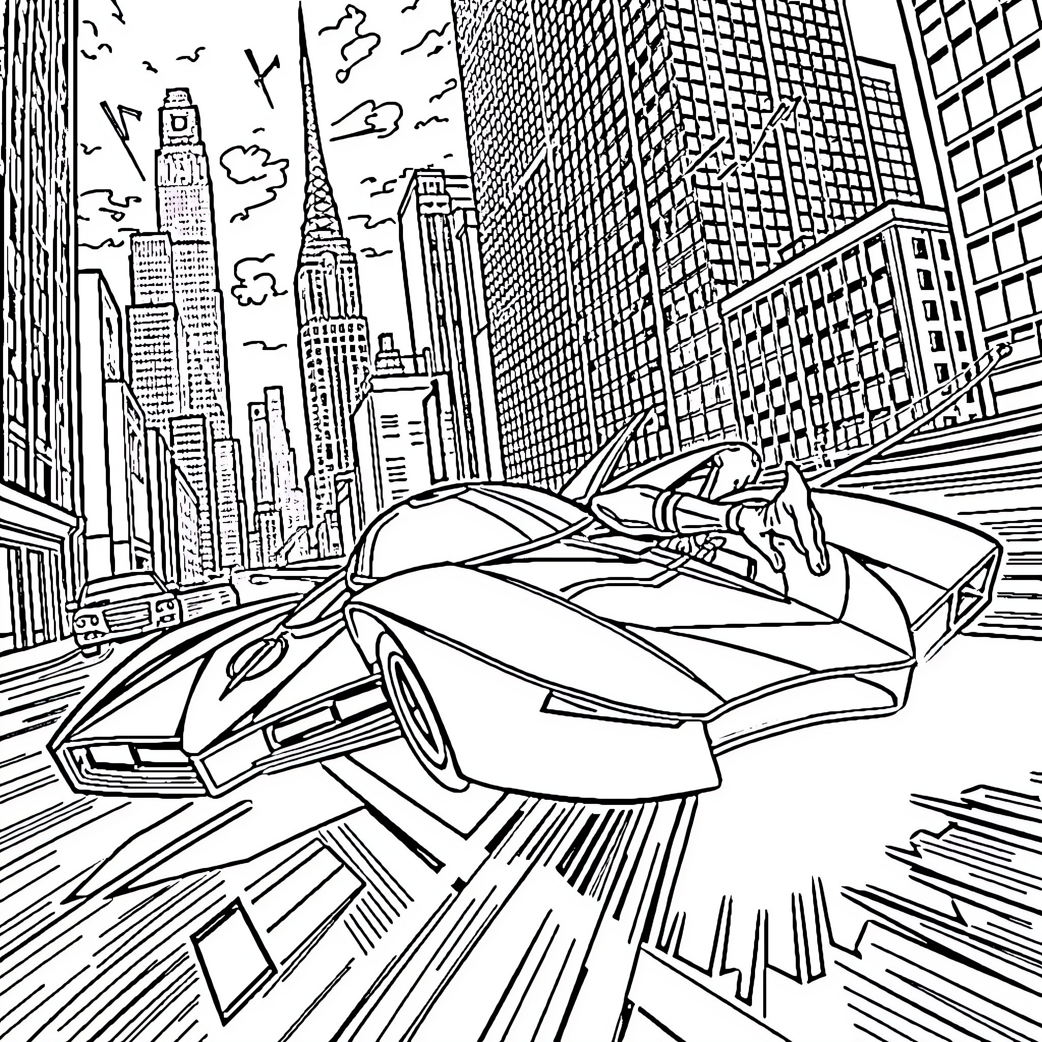 Batmobile speeding through the city streets Coloring Page (free black-and-white line drawing printable PDF for all, from beginners to advanced learners, including children, teens, adults, and seniors)