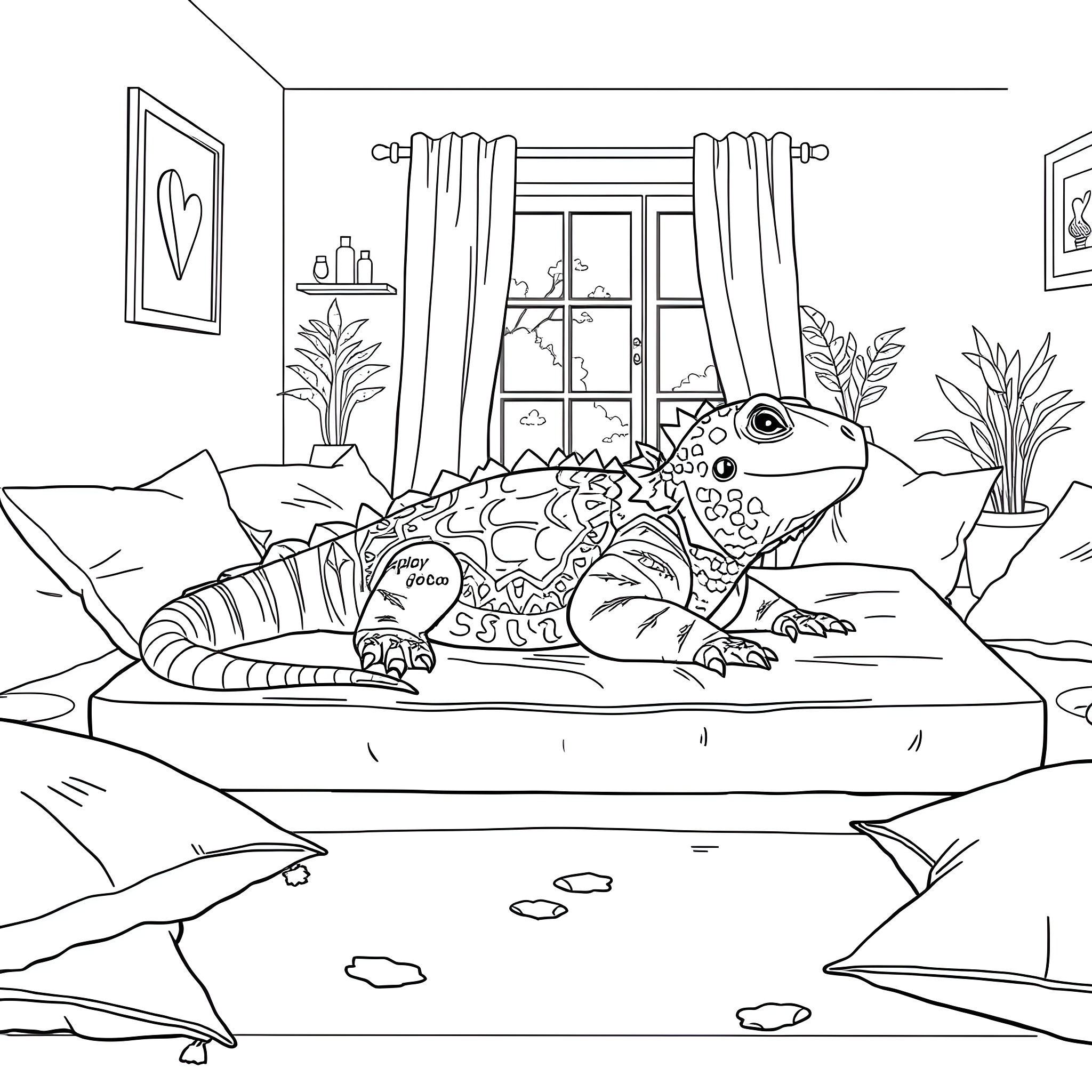 Uromastyx relaxing in a cozy indoor setting Coloring Page (free black-and-white line drawing printable PDF for all, from beginners to advanced learners, including children, teens, adults, and seniors)