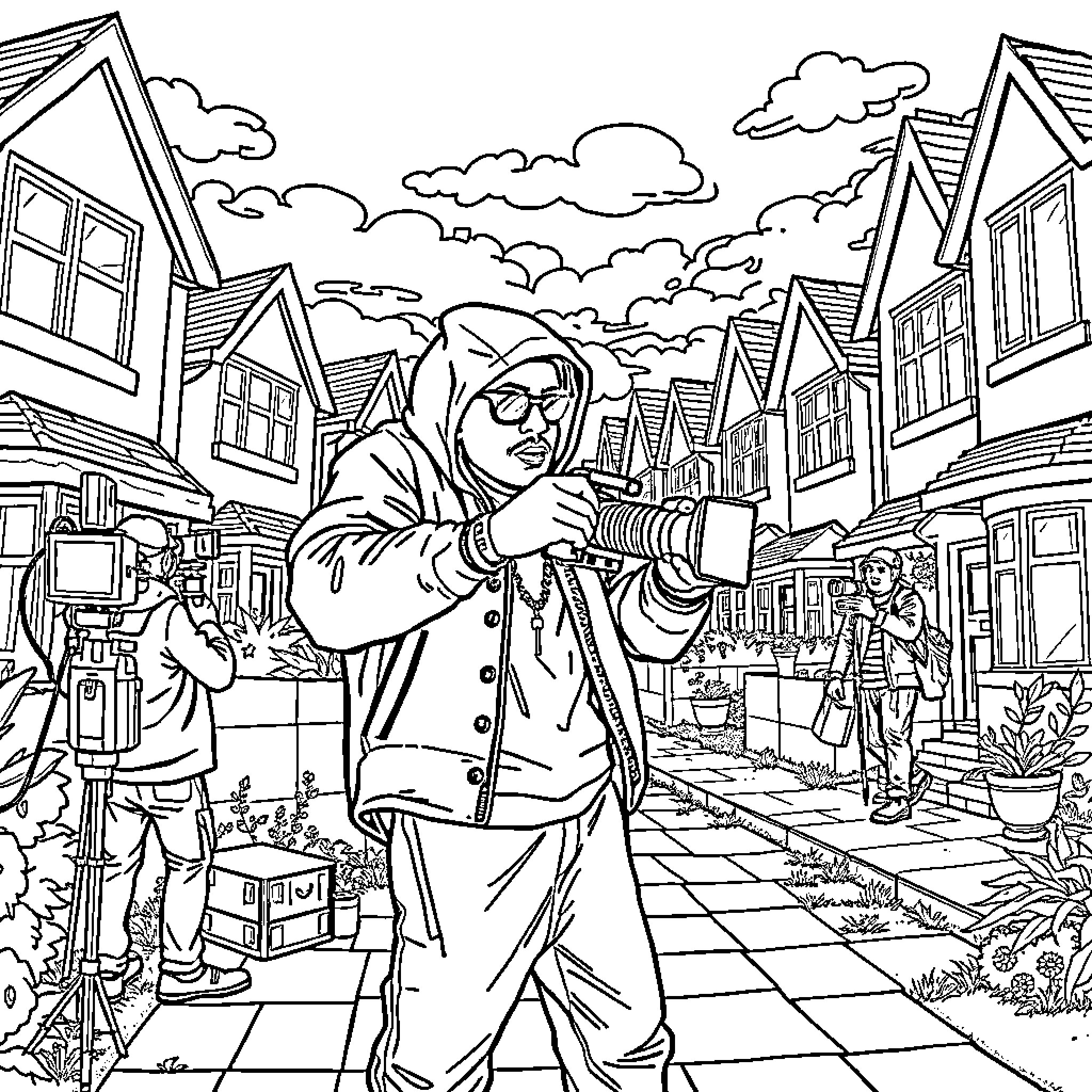 Gang Member in Confrontation on Busy City Street Coloring Page (free black-and-white line drawing printable PDF for all, from beginners to advanced learners, including children, teens, adults, and seniors)