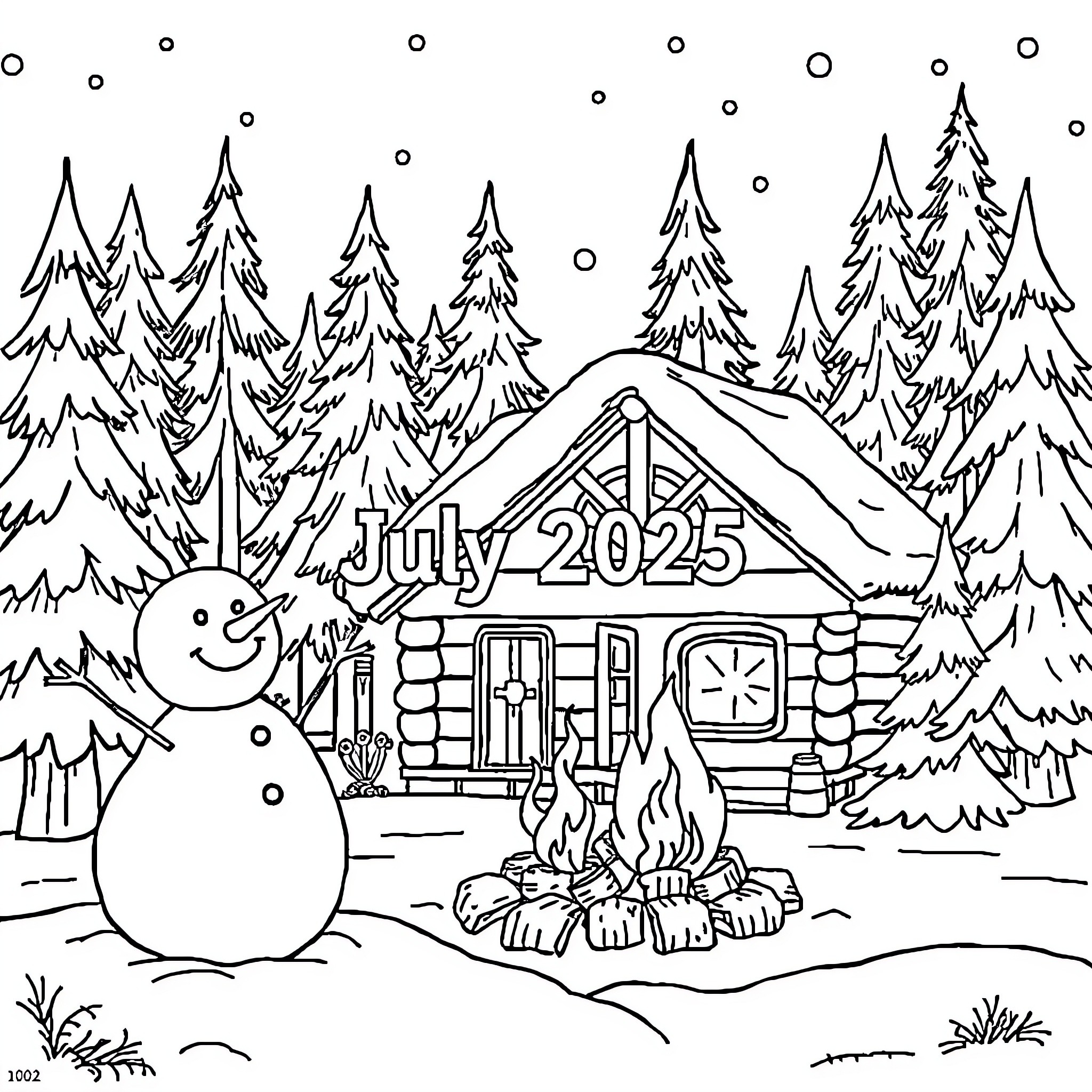 Winter Cabin and Snowman in Snowy Forest Coloring Page (free black-and-white line drawing printable PDF for all, from beginners to advanced learners, including children, teens, adults, and seniors)
