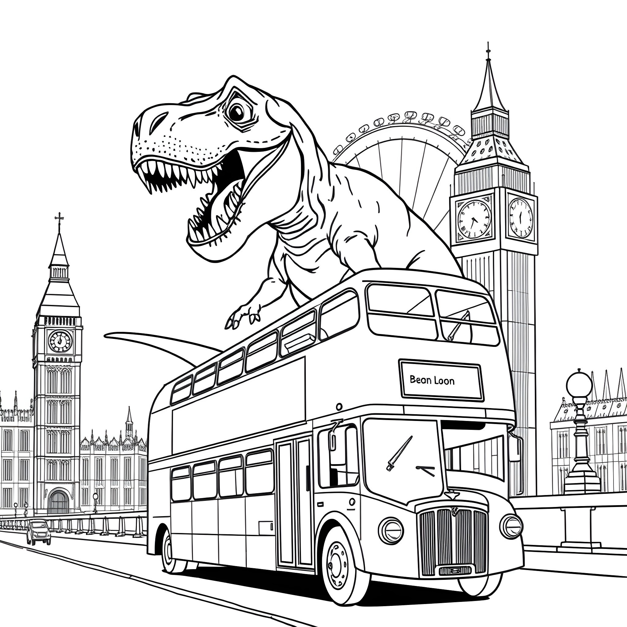 T-Rex riding a double-decker bus in London Coloring Page (free black-and-white line drawing printable PDF for all, from beginners to advanced learners, including children, teens, adults, and seniors)