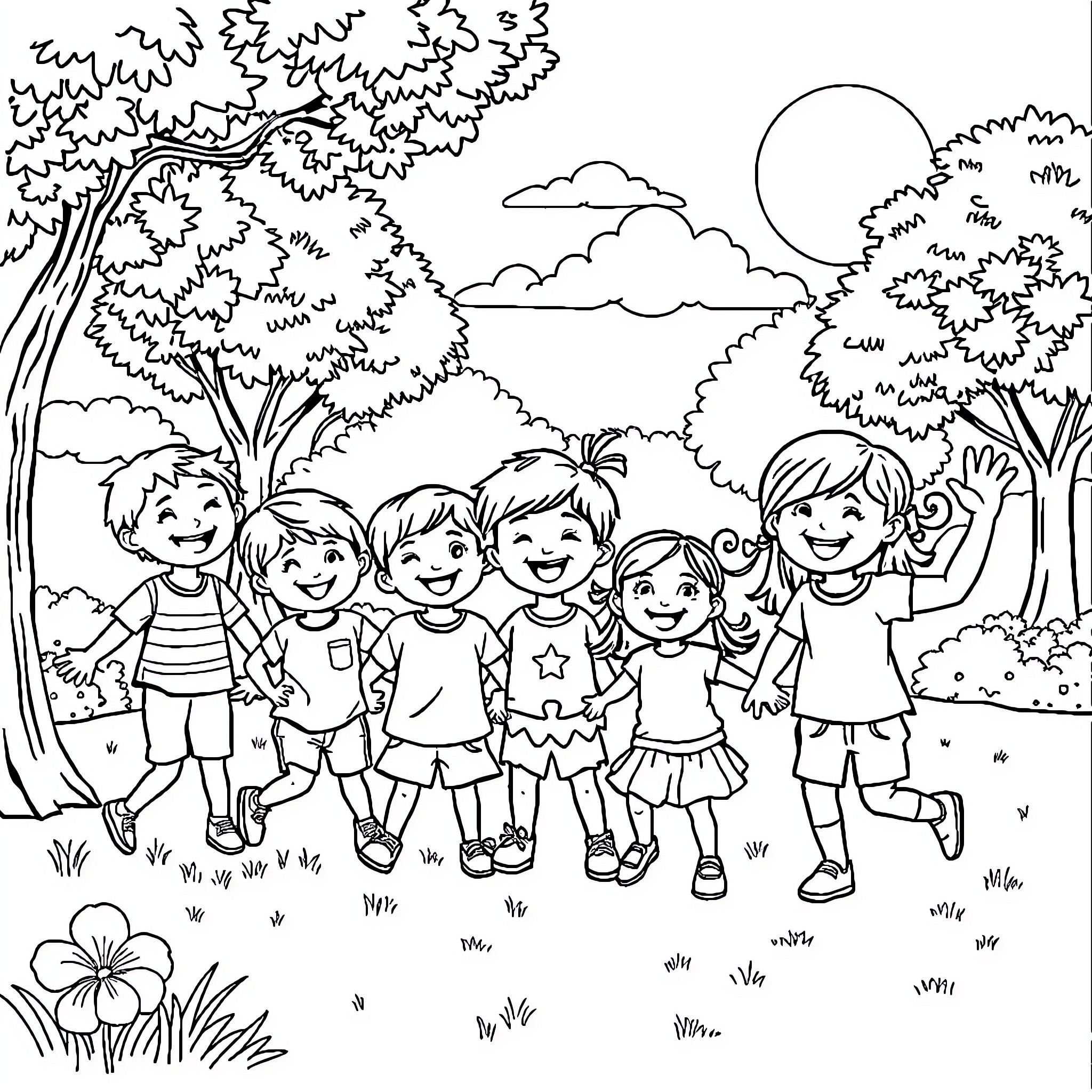 Kid friends playing happily in the park Coloring Page (free black-and-white line drawing printable PDF for all, from beginners to advanced learners, including children, teens, adults, and seniors)