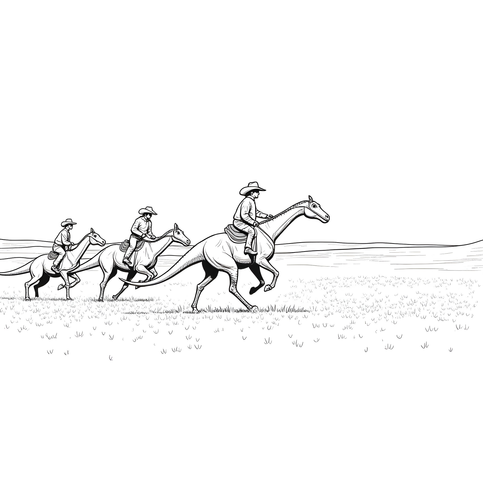 Roper riders on horseback in the countryside Coloring Page (free black-and-white line drawing printable PDF for all, from beginners to advanced learners, including children, teens, adults, and seniors)
