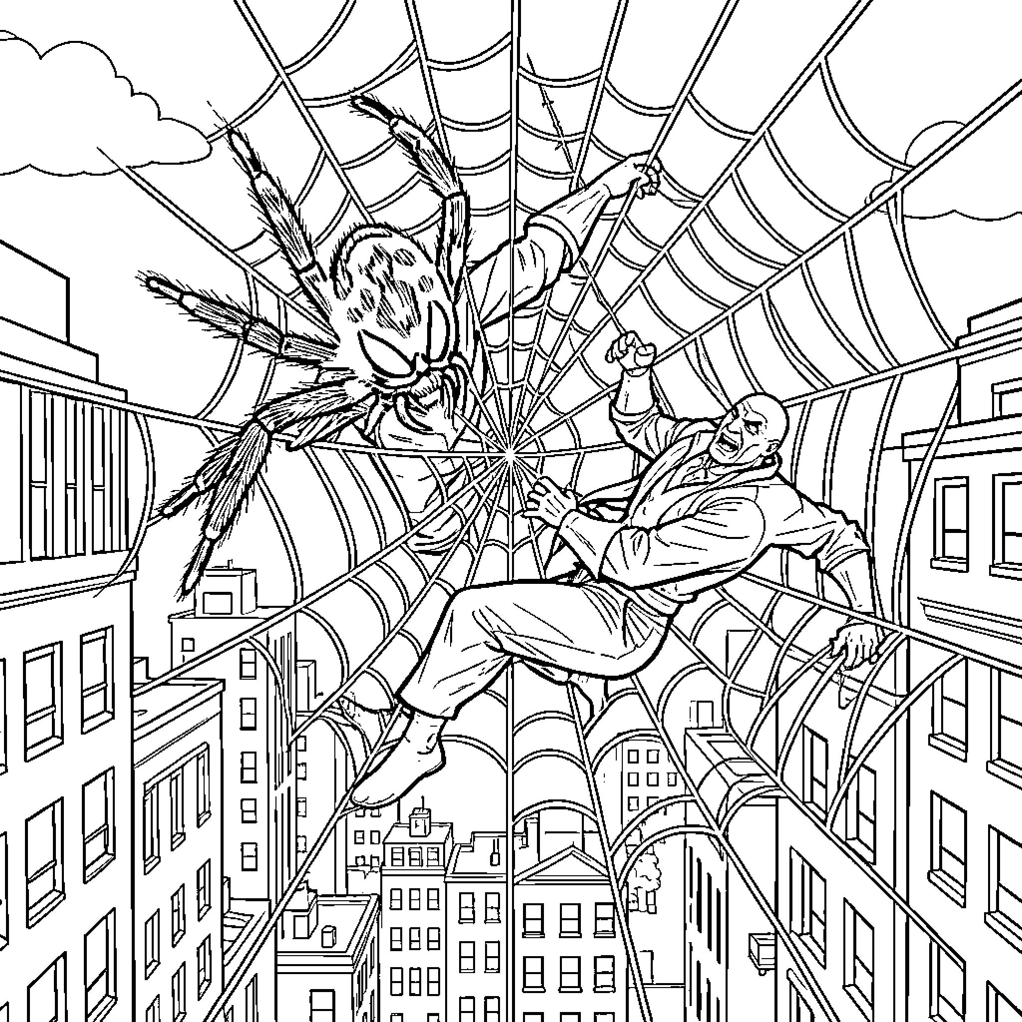 Ghost Spider saving people from danger in the city Coloring Page (free black-and-white line drawing printable PDF for all, from beginners to advanced learners, including children, teens, adults, and seniors)