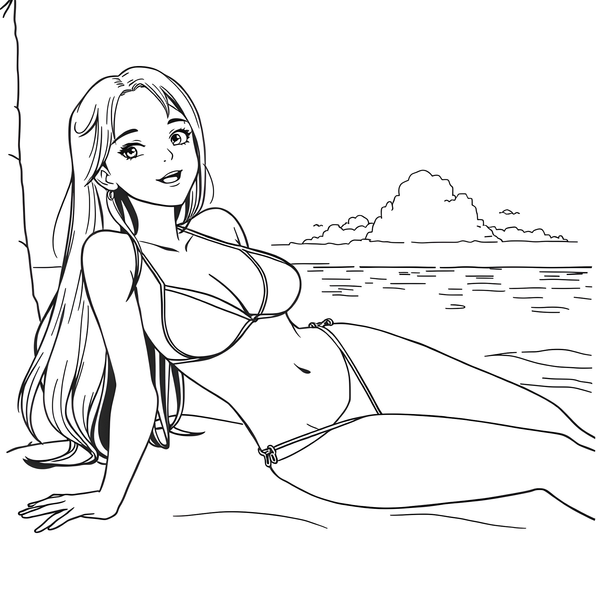 Tifa Lockhart relaxing on the beach Coloring Page (free black-and-white line drawing printable PDF for all, from beginners to advanced learners, including children, teens, adults, and seniors)