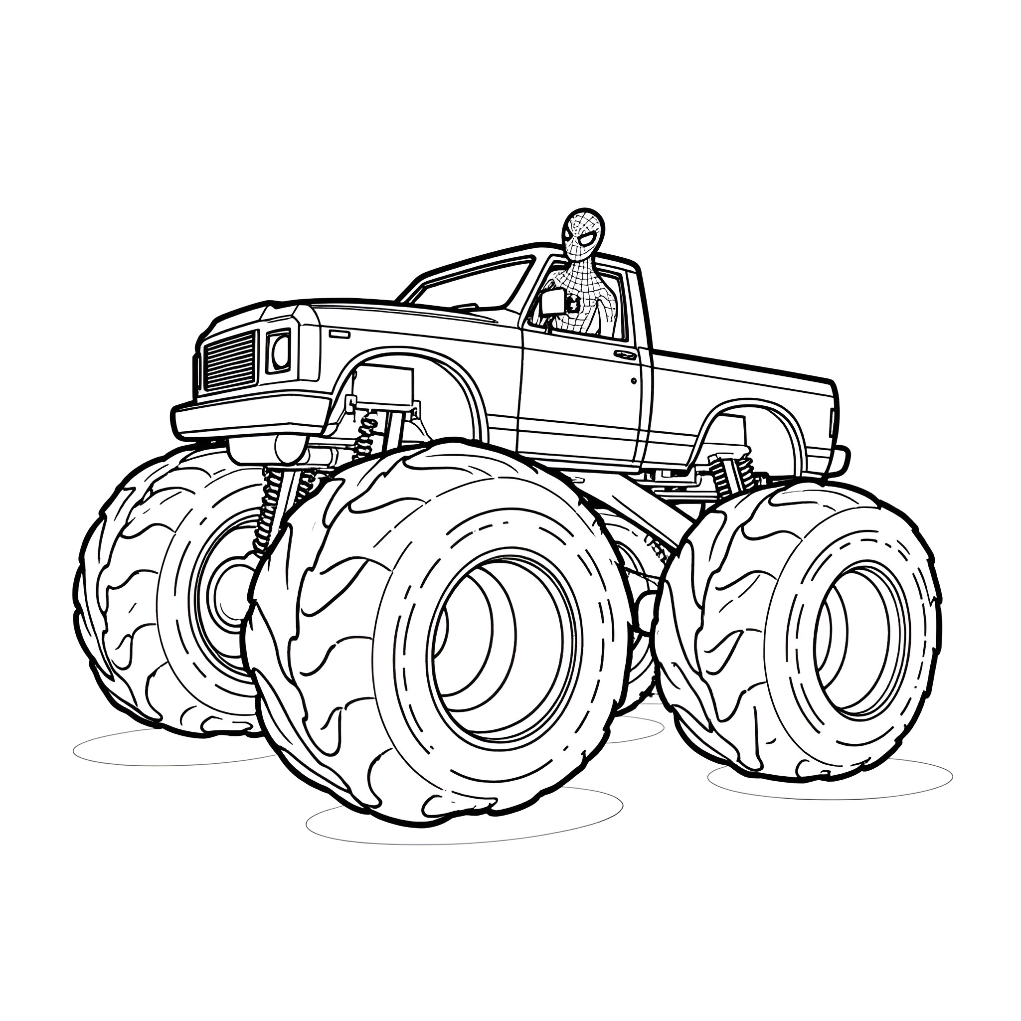 Spider-Man Driving a Massive Monster Truck Coloring Page (free black-and-white line drawing printable PDF for all, from beginners to advanced learners, including children, teens, adults, and seniors)