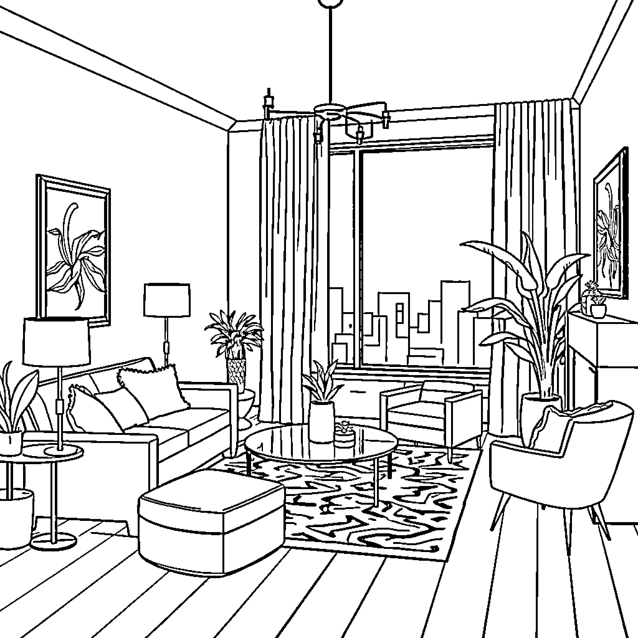 Interior Design of Stylish Living Room with Furniture Coloring Page (free black-and-white line drawing printable PDF for all, from beginners to advanced learners, including children, teens, adults, and seniors)