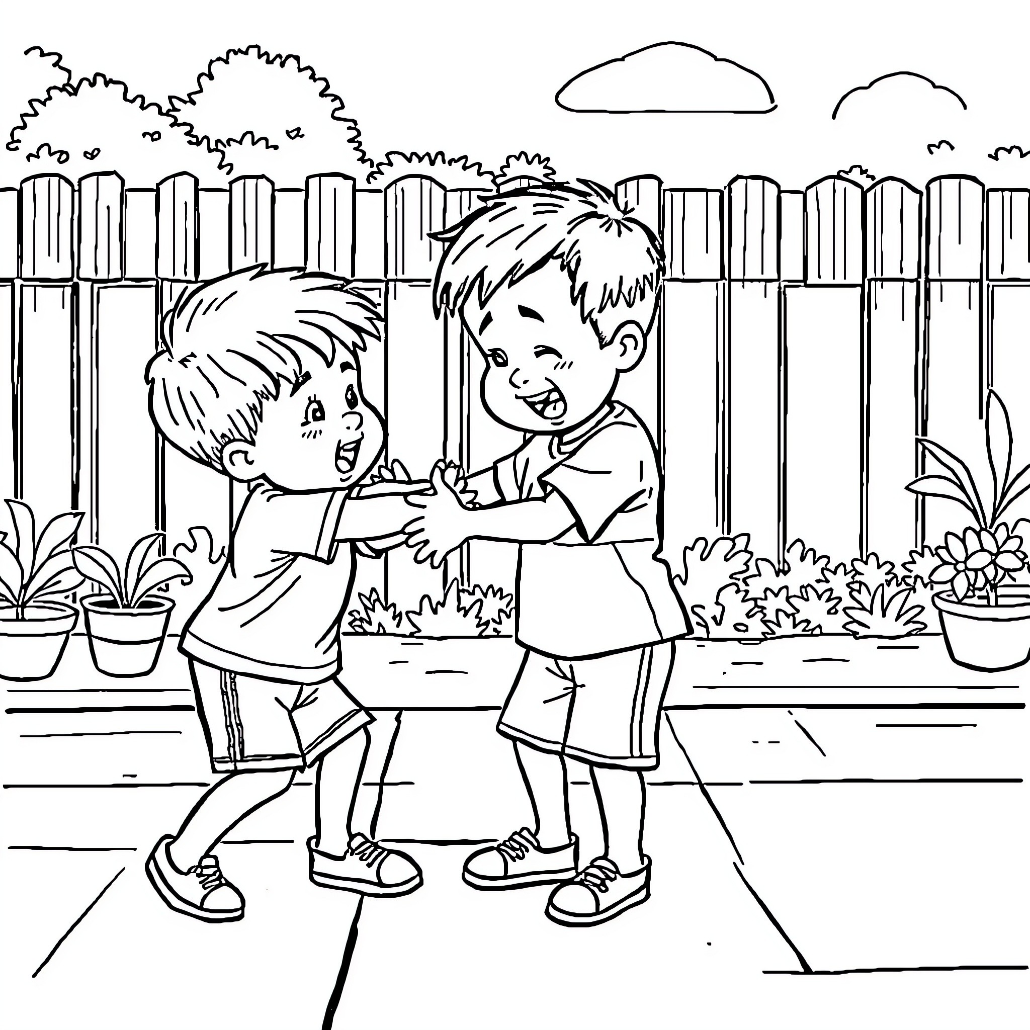 Niños playing and embracing in the yard Coloring Page (free black-and-white line drawing printable PDF for all, from beginners to advanced learners, including children, teens, adults, and seniors)