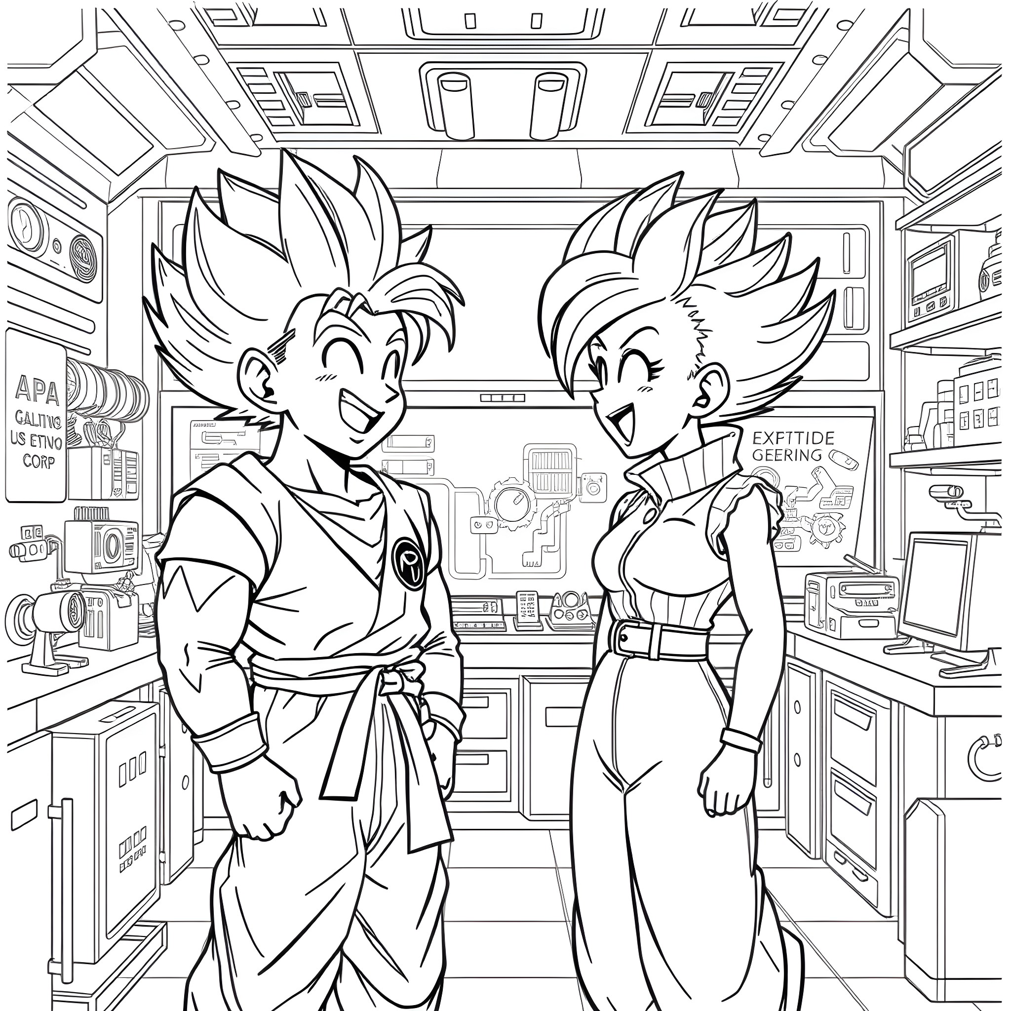 Gohan and Goten enjoying time in the lab Coloring Page (free black-and-white line drawing printable PDF for all, from beginners to advanced learners, including children, teens, adults, and seniors)