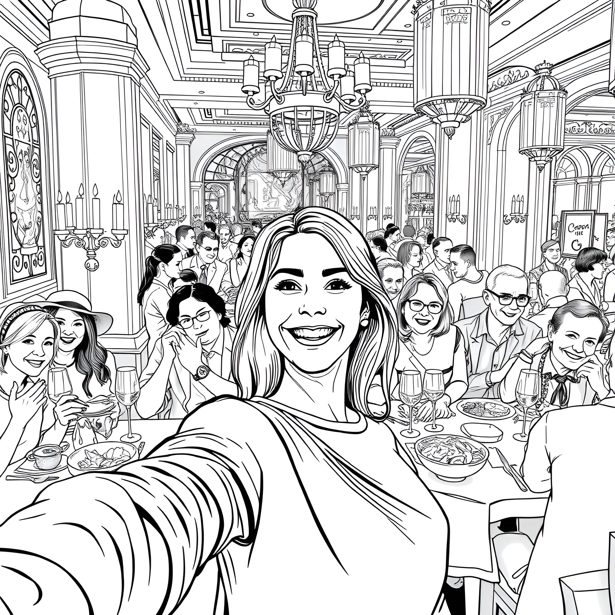 ET Smiling Selfie in Elegant Dining Hall Coloring Page (free black-and-white line drawing printable PDF for all, from beginners to advanced learners, including children, teens, adults, and seniors)