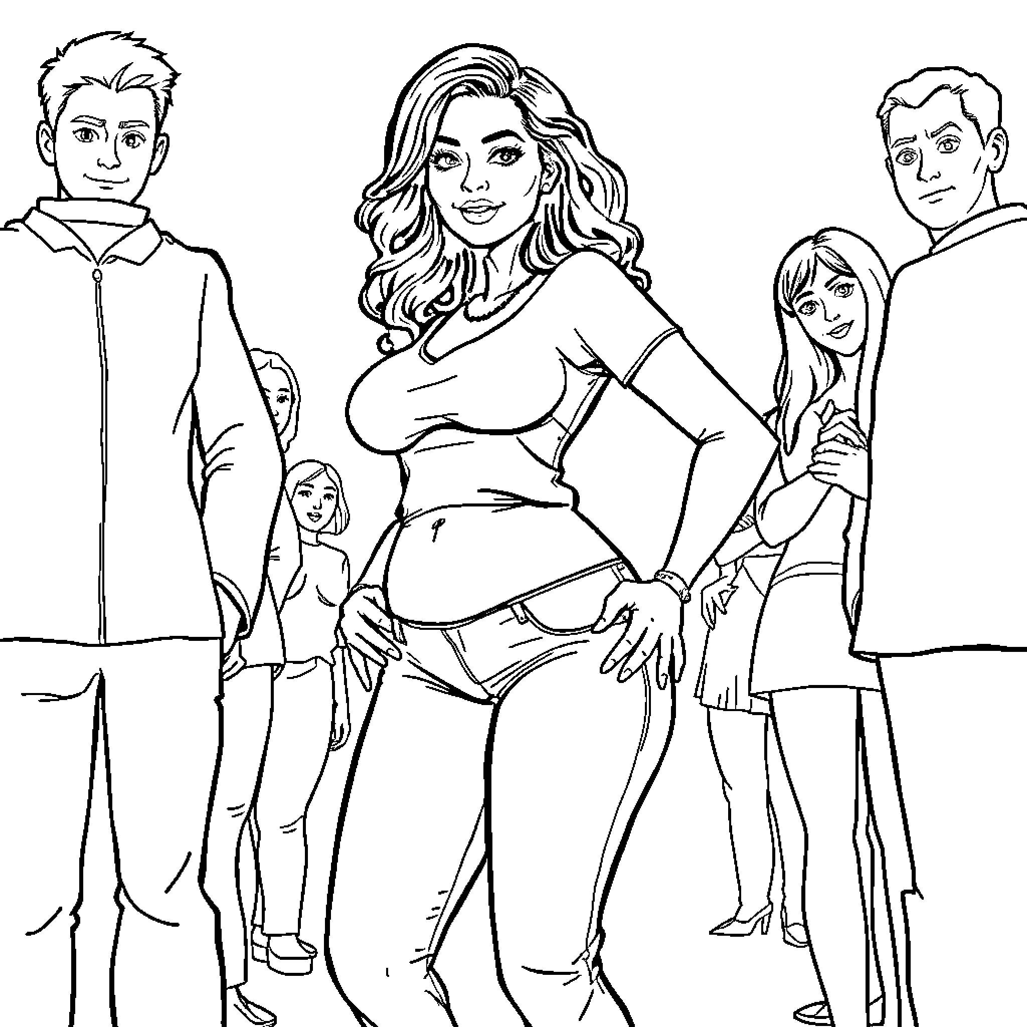 Woman with her family in a group portrait Coloring Page (free black-and-white line drawing printable PDF for all, from beginners to advanced learners, including children, teens, adults, and seniors)
