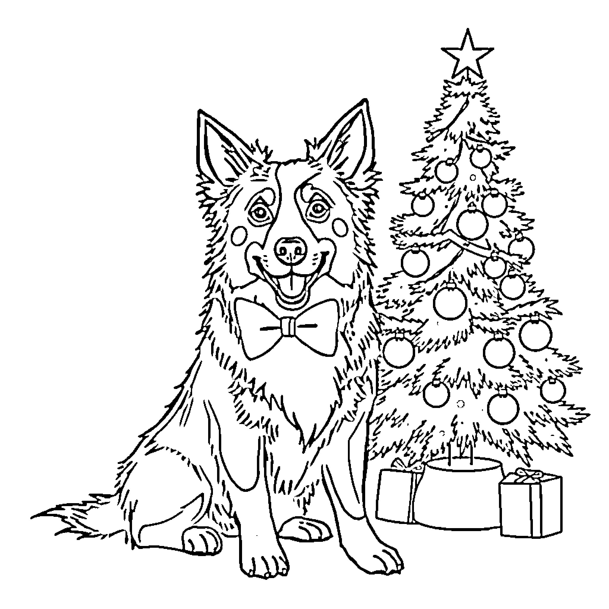 Border Collie Sitting by Christmas Tree with Presents Coloring Page (free black-and-white line drawing printable PDF for all, from beginners to advanced learners, including children, teens, adults, and seniors)