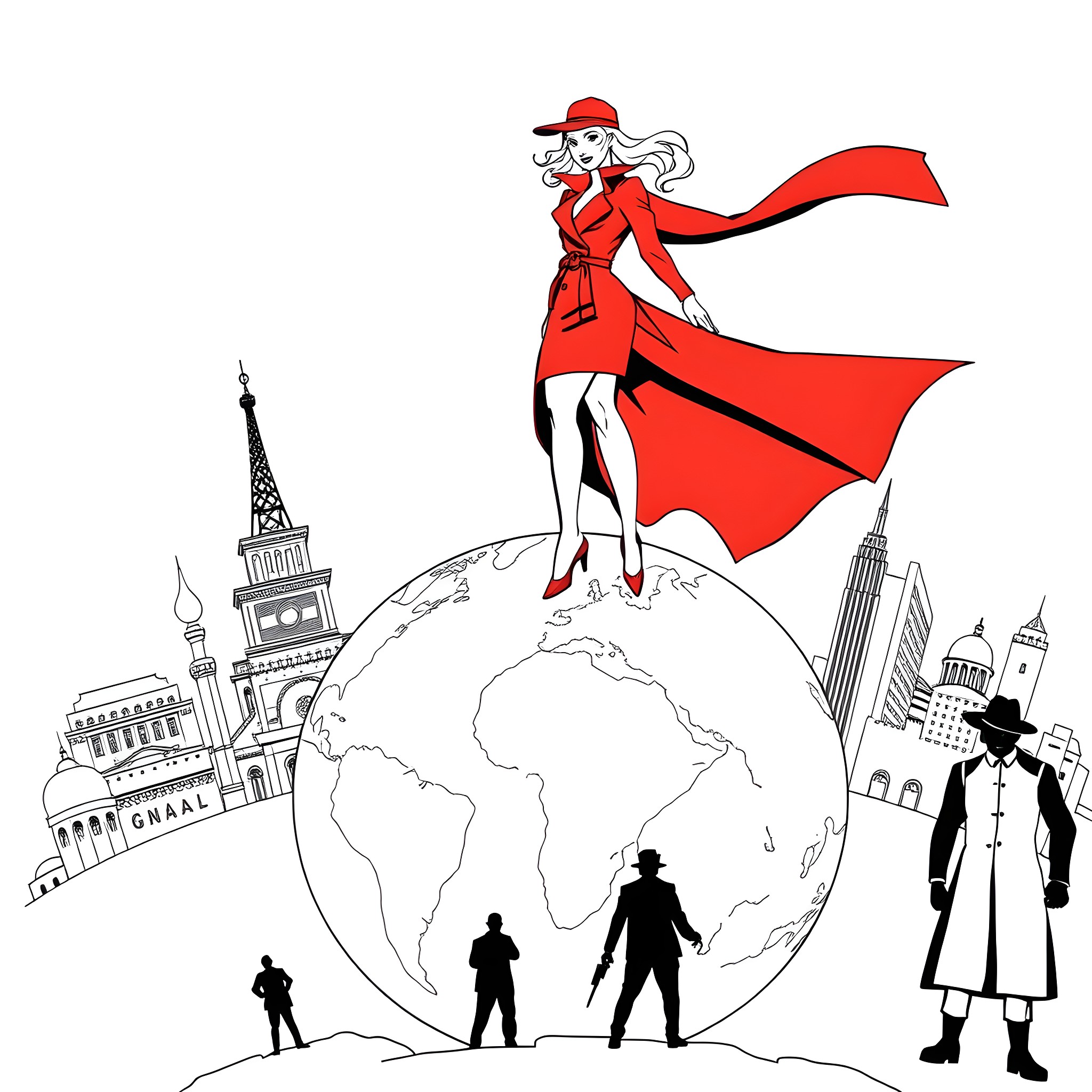 Carmen Sandiego embarking on a global adventure Coloring Page (free black-and-white line drawing printable PDF for all, from beginners to advanced learners, including children, teens, adults, and seniors)