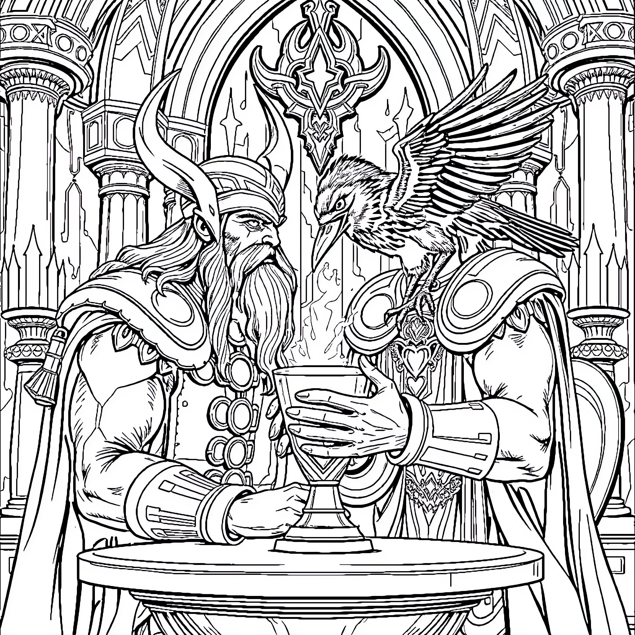 Odin Seated on the Throne with Symbolic Creatures Coloring Page (free black-and-white line drawing printable PDF for all, from beginners to advanced learners, including children, teens, adults, and seniors)
