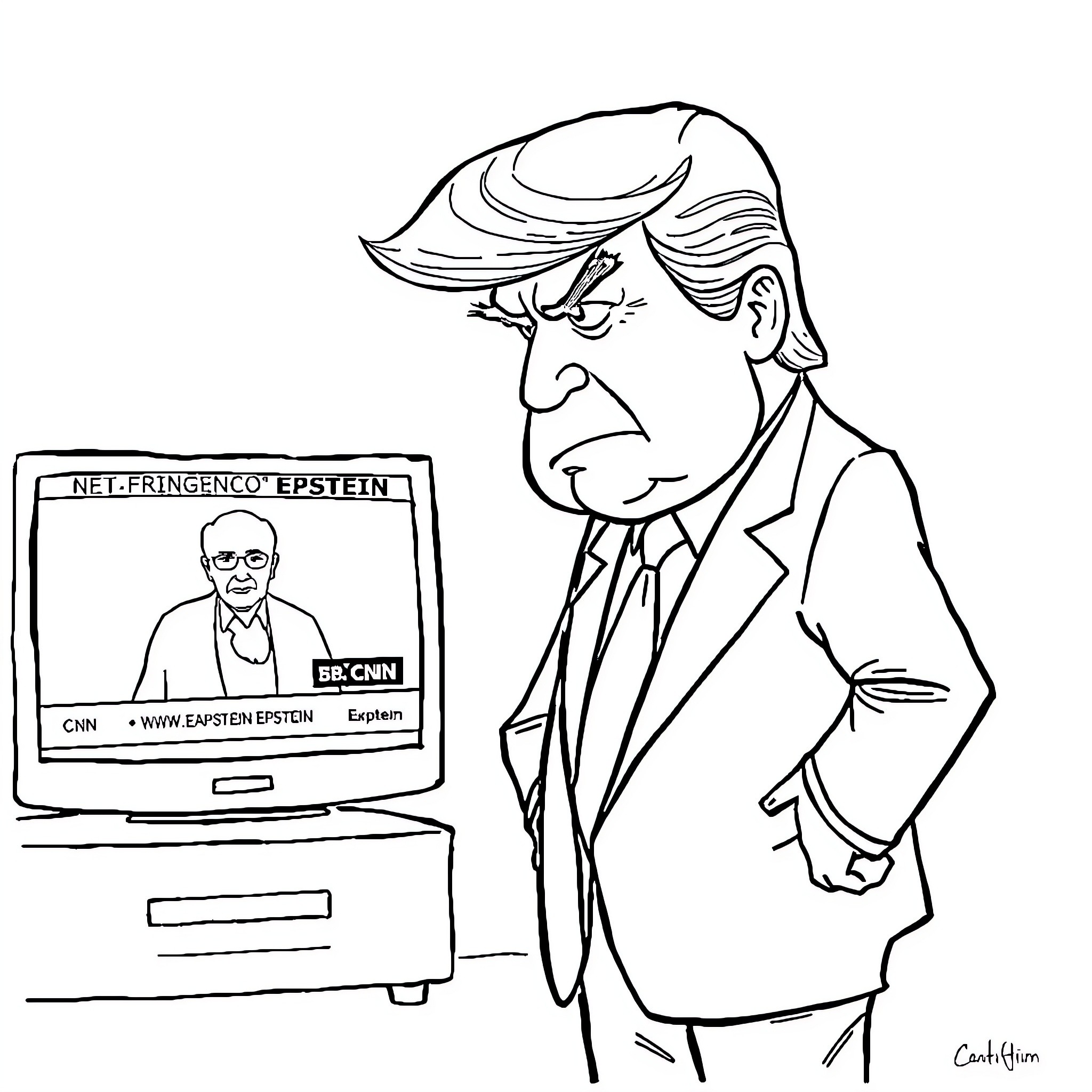 Donald Trump's Angry Expression on Television Screen Coloring Page (free black-and-white line drawing printable PDF for all, from beginners to advanced learners, including children, teens, adults, and seniors)