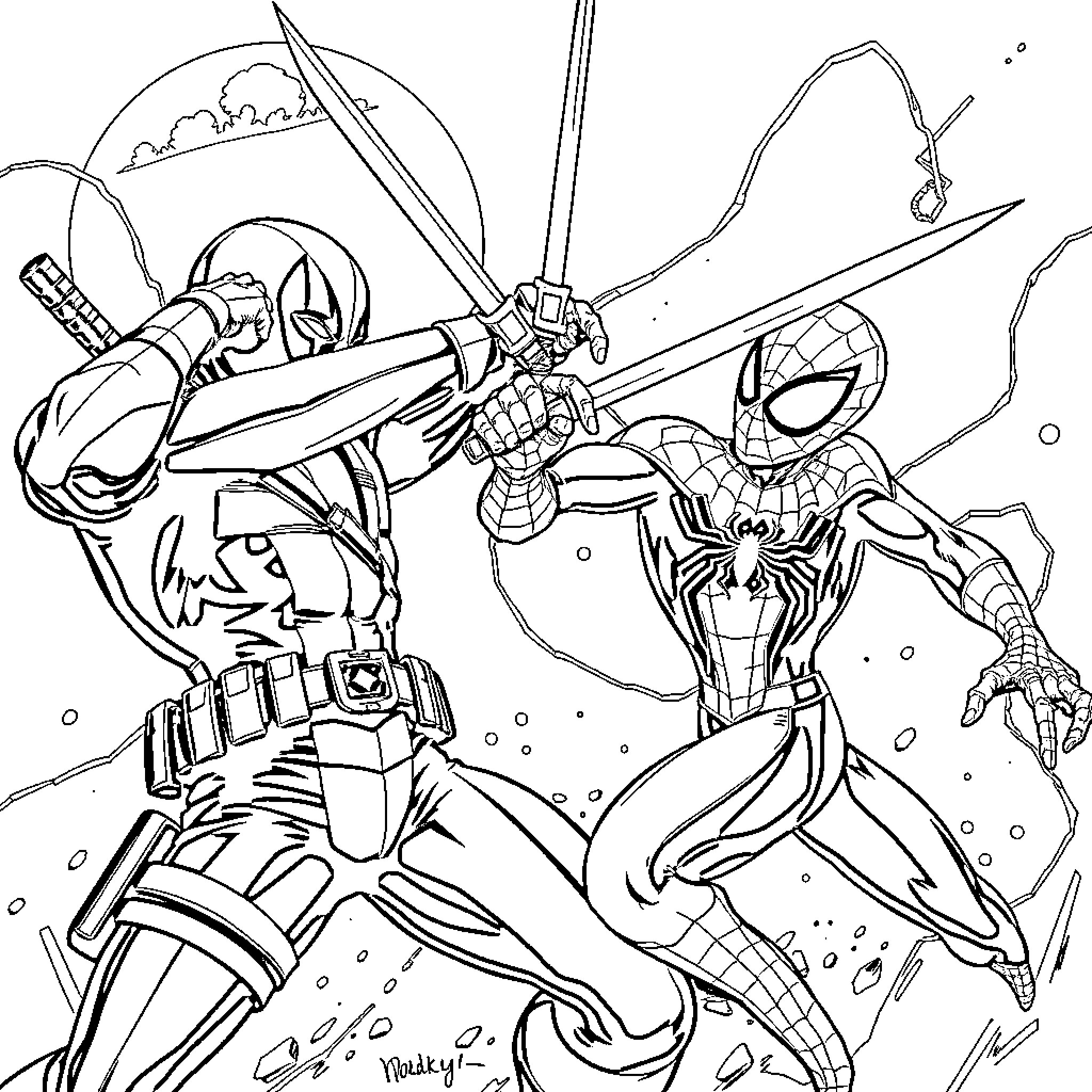 Deadpool's Heroic Battle Against Spiderman Coloring Page (free black-and-white line drawing printable PDF for all, from beginners to advanced learners, including children, teens, adults, and seniors)