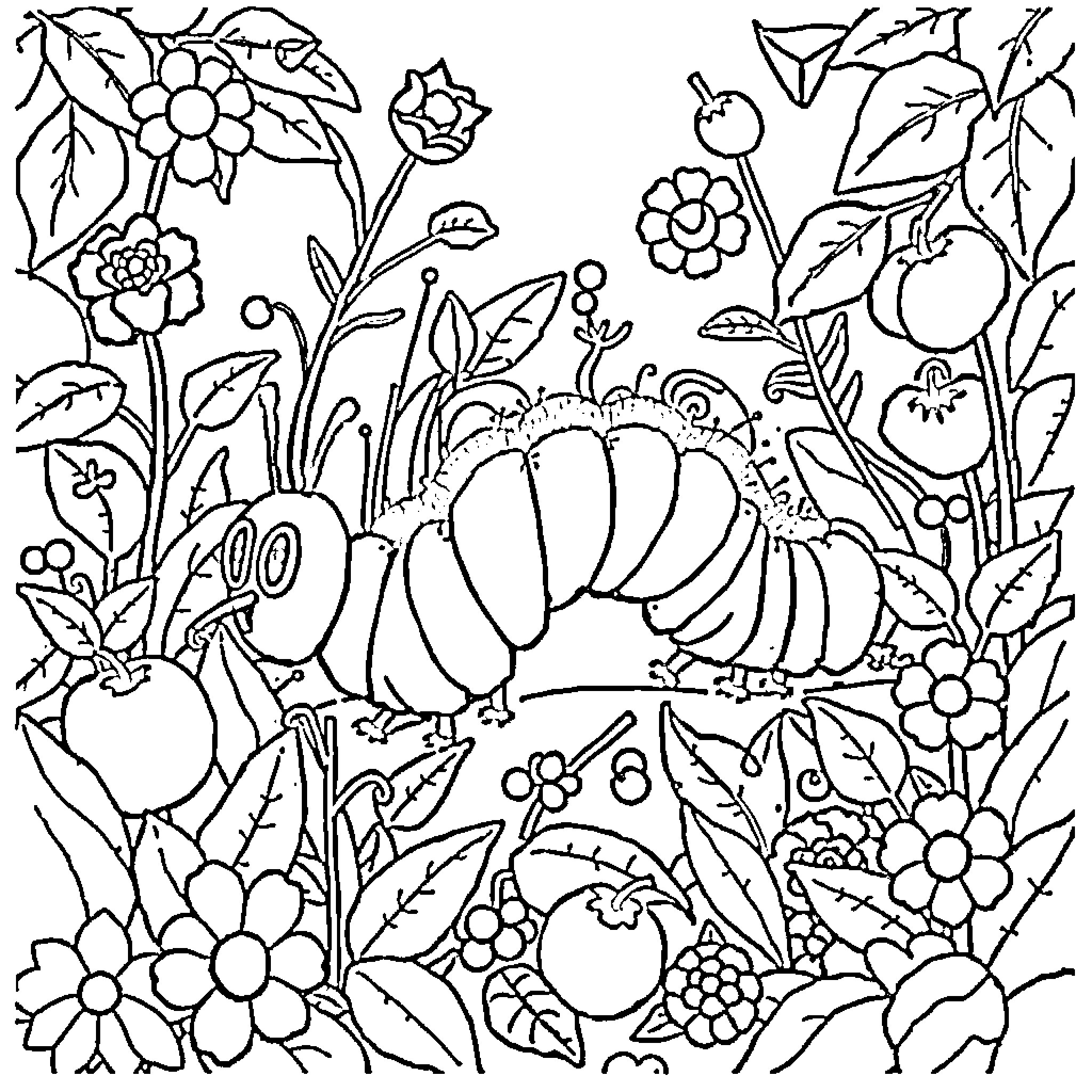 Caterpillar exploring a whimsical floral garden Coloring Page (free black-and-white line drawing printable PDF for all, from beginners to advanced learners, including children, teens, adults, and seniors)