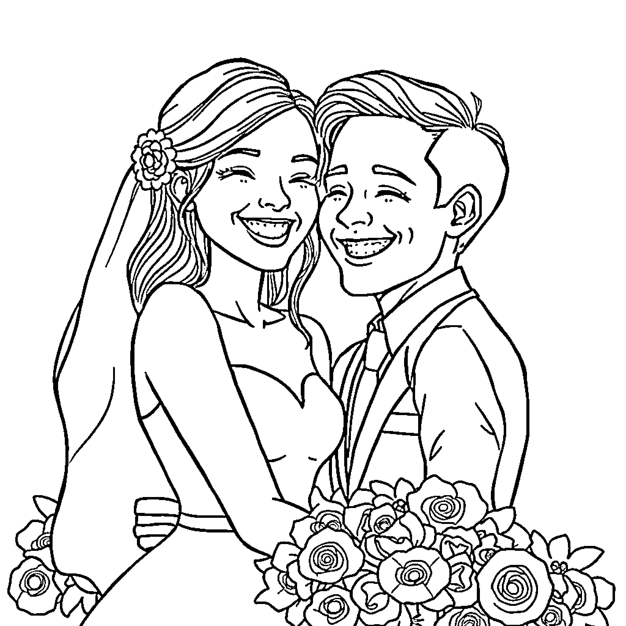 Marriage Celebration of Joyful Couple Coloring Page (free black-and-white line drawing printable PDF for all, from beginners to advanced learners, including children, teens, adults, and seniors)