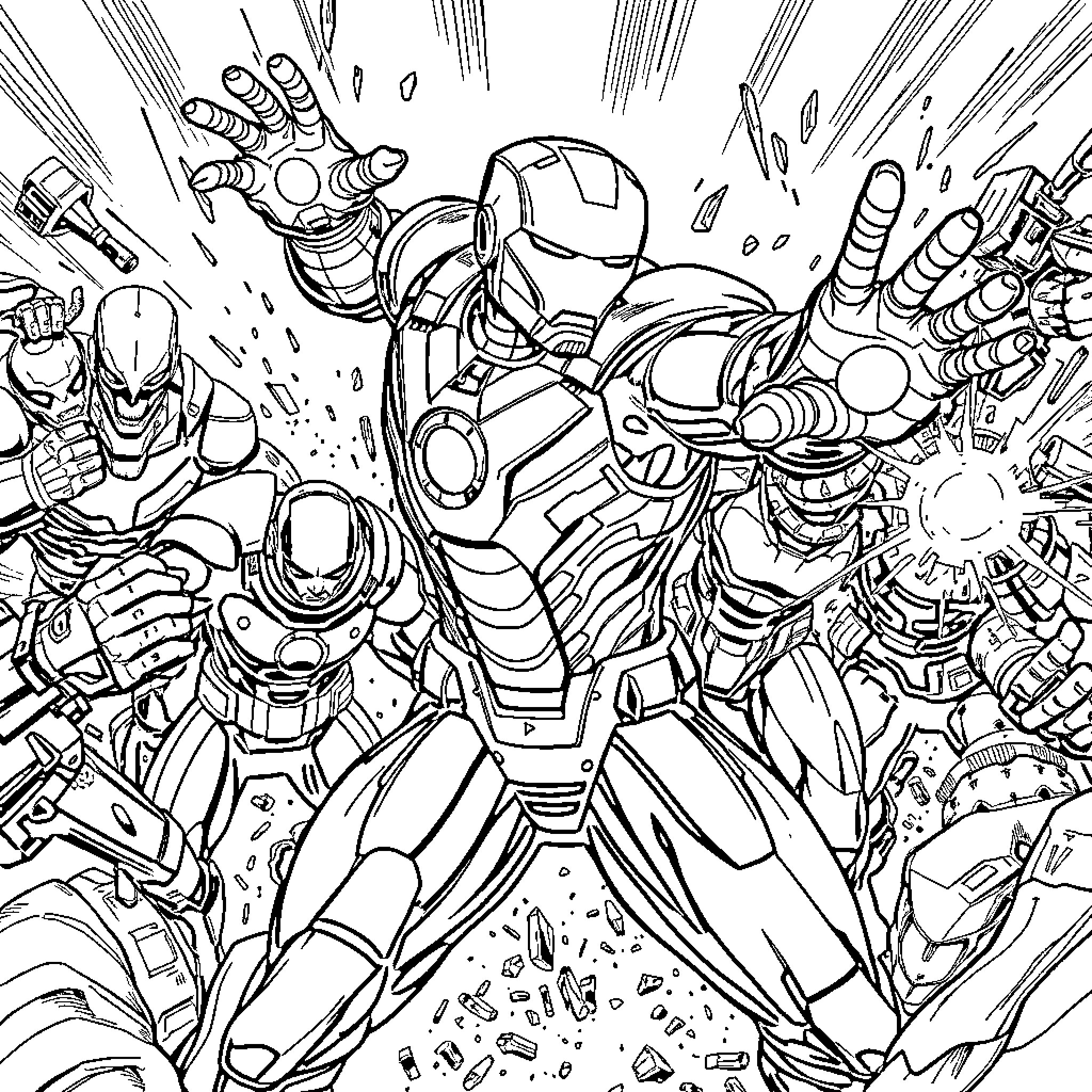 Iron Man in a dynamic battle pose Coloring Page (free black-and-white line drawing printable PDF for all, from beginners to advanced learners, including children, teens, adults, and seniors)