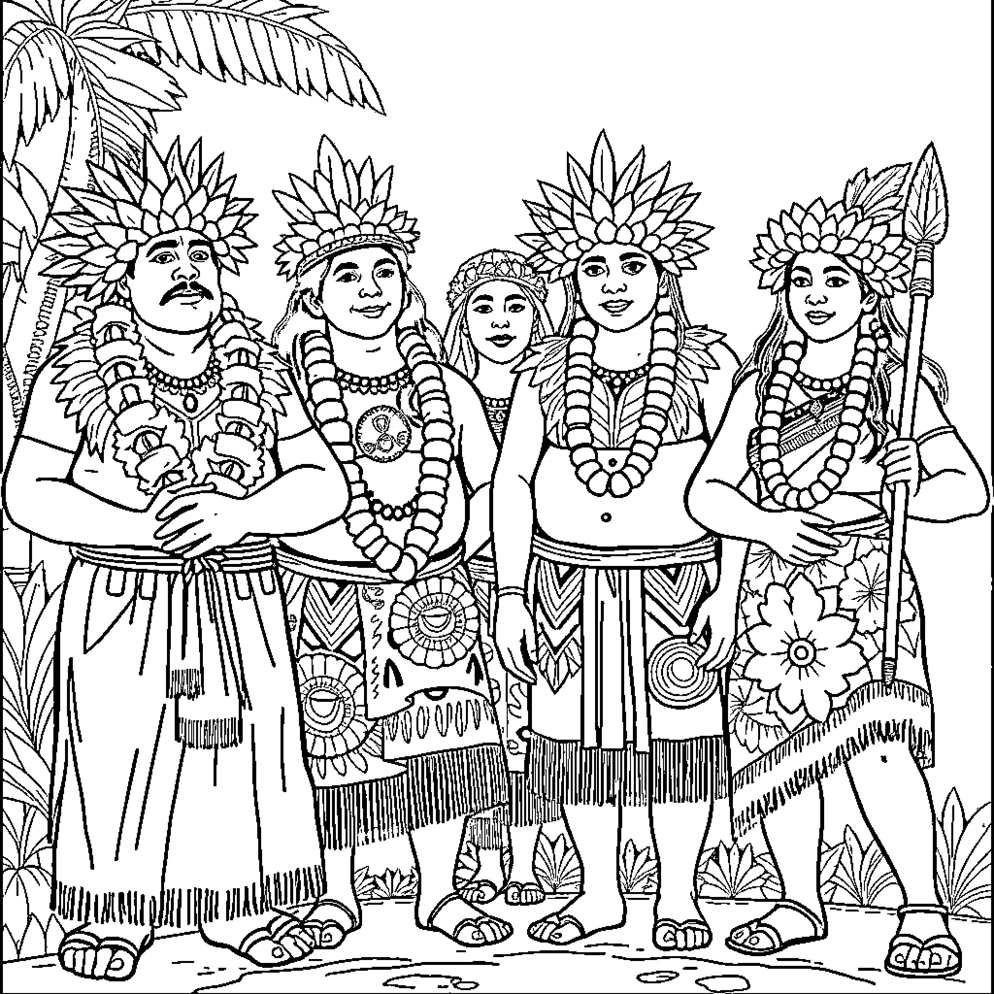 Hawaiian Tribal Dancers in Traditional Costumes Coloring Page (free black-and-white line drawing printable PDF for all, from beginners to advanced learners, including children, teens, adults, and seniors)
