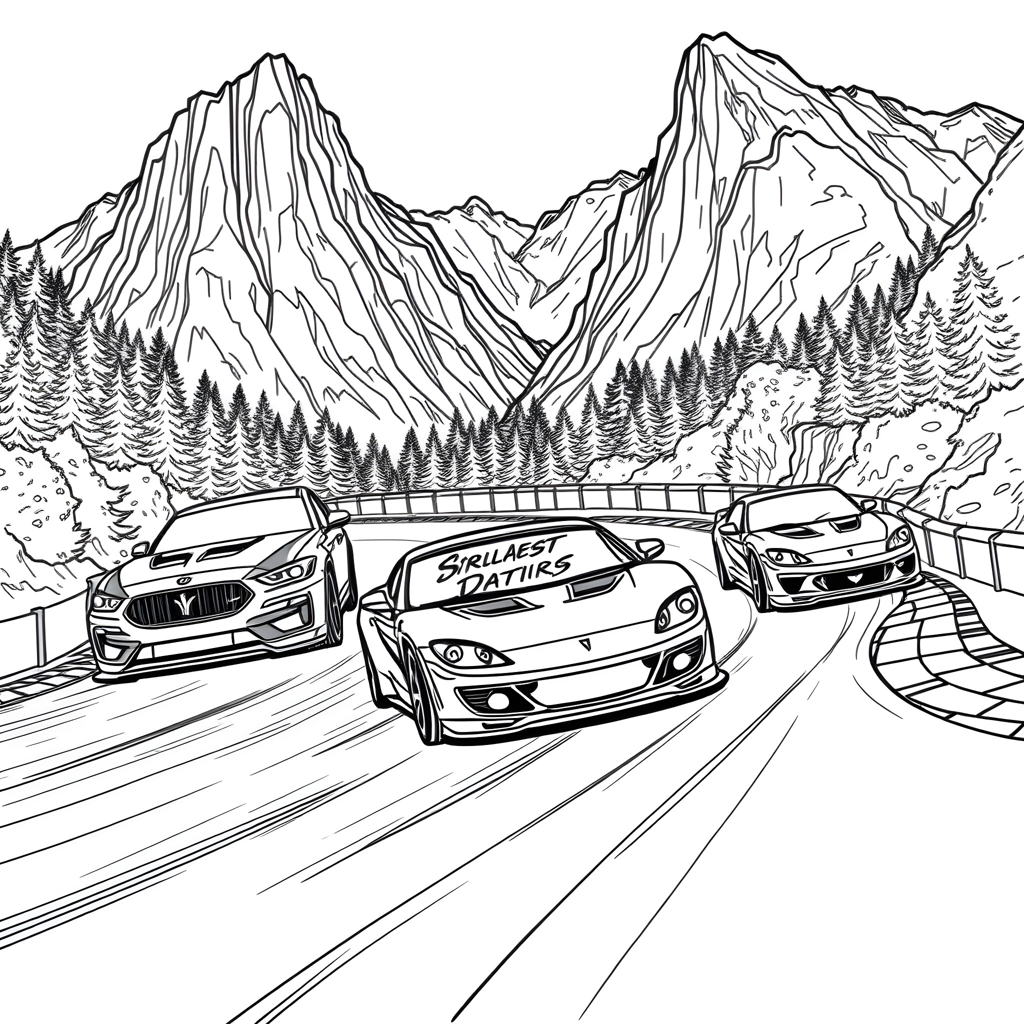 Initial D Racers Speeding Through Scenic Mountain Road Coloring Page (free black-and-white line drawing printable PDF for all, from beginners to advanced learners, including children, teens, adults, and seniors)