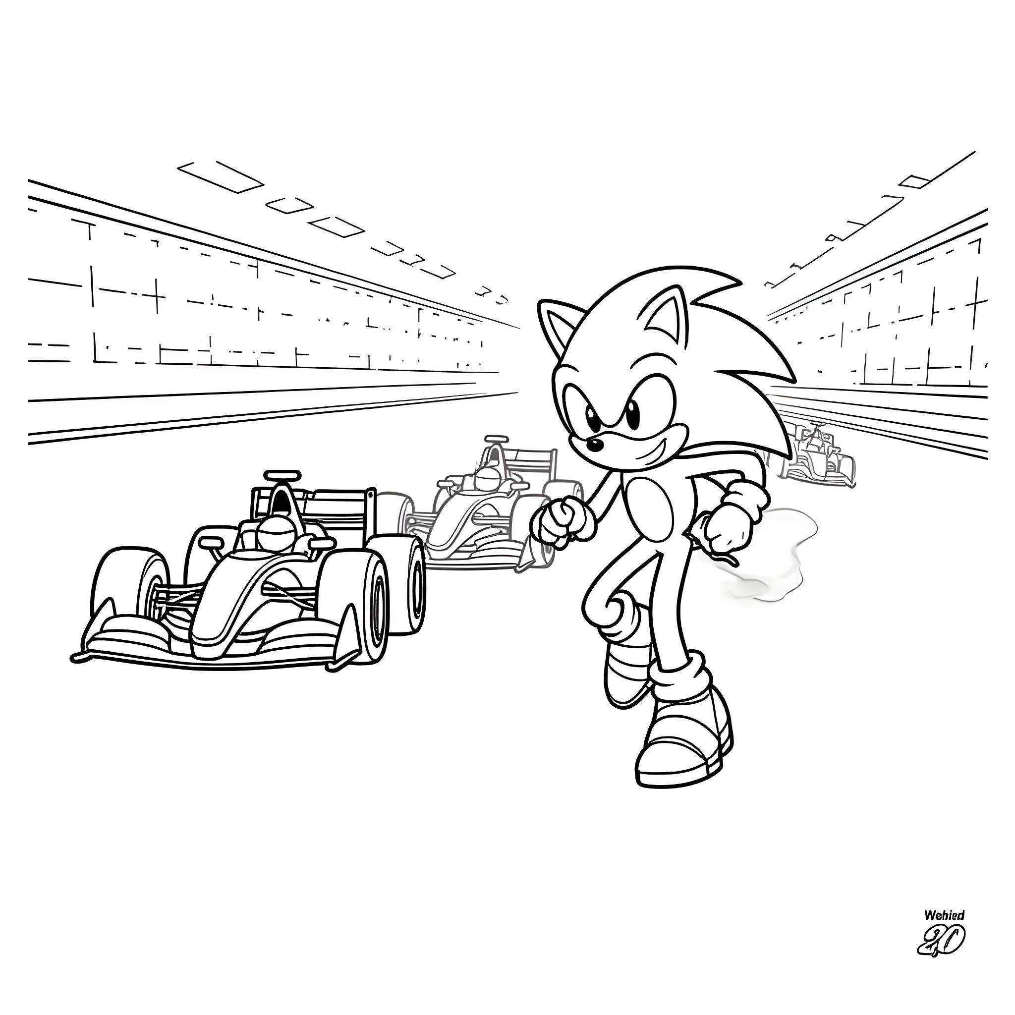 Sonic racing in a fast-paced environment Coloring Page (free black-and-white line drawing printable PDF for all, from beginners to advanced learners, including children, teens, adults, and seniors)