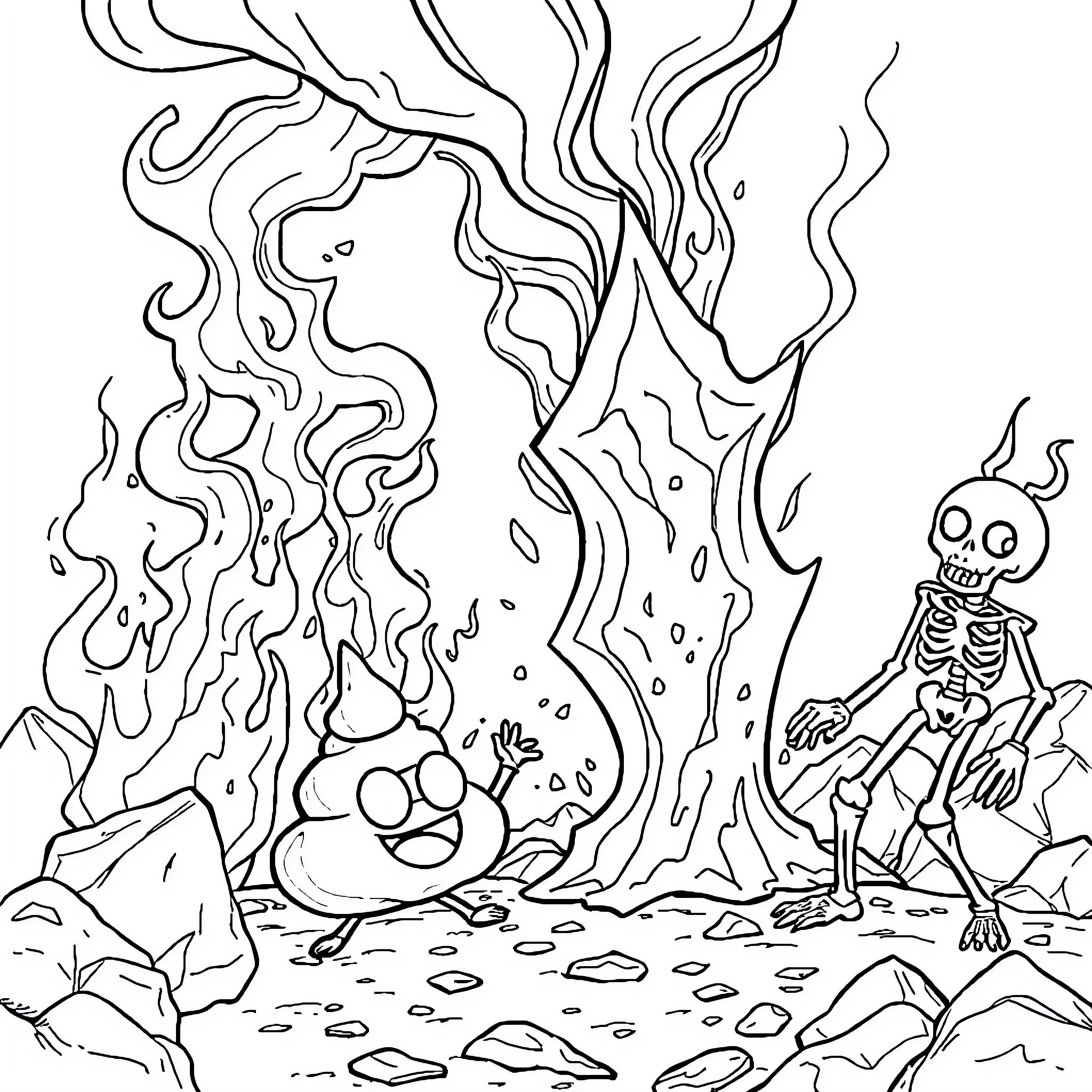 Fire and Ice: Skeletal figure amid surreal landscape Coloring Page (free black-and-white line drawing printable PDF for all, from beginners to advanced learners, including children, teens, adults, and seniors)