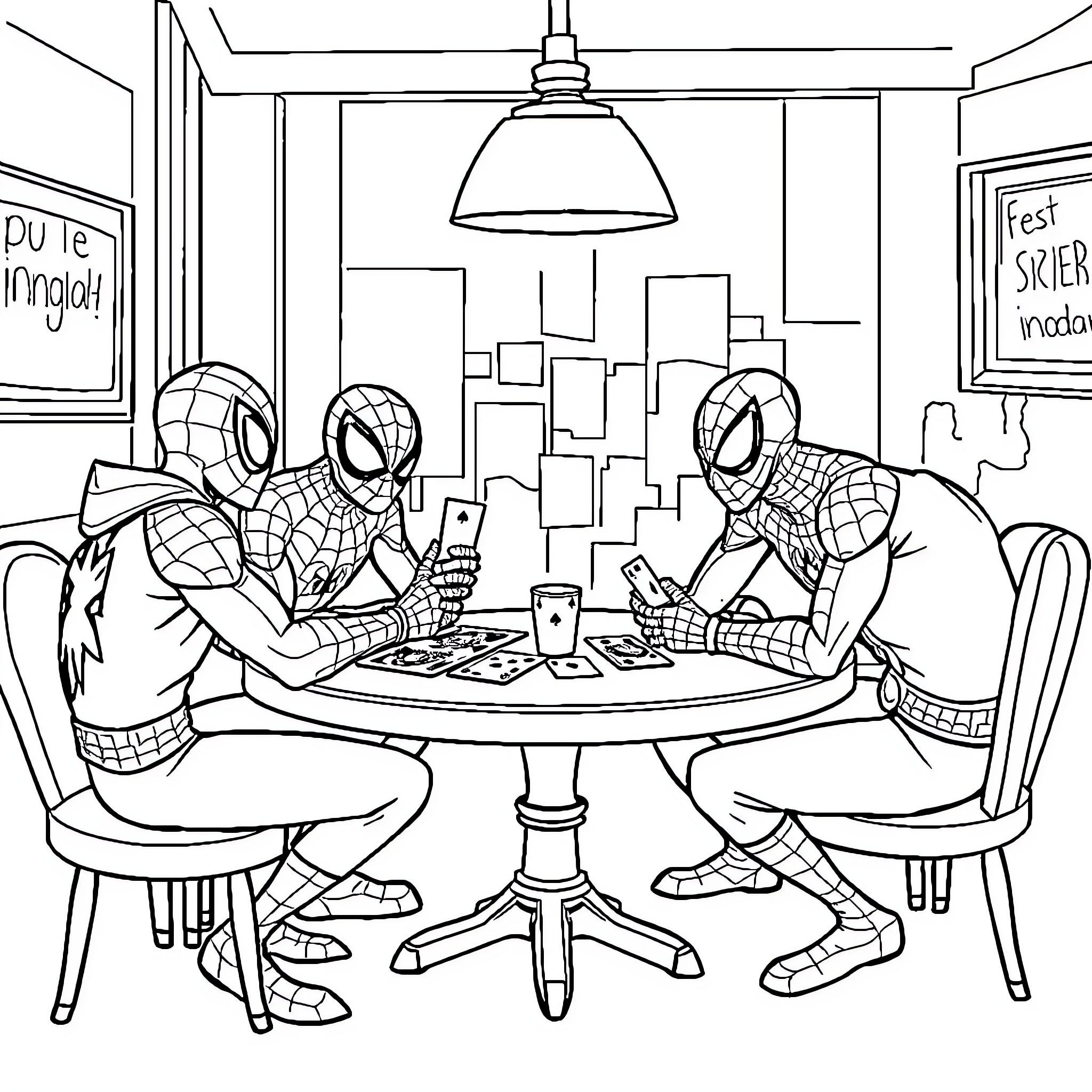 Spiderman Superheroes Enjoying a Game Together Coloring Page (free black-and-white line drawing printable PDF for all, from beginners to advanced learners, including children, teens, adults, and seniors)