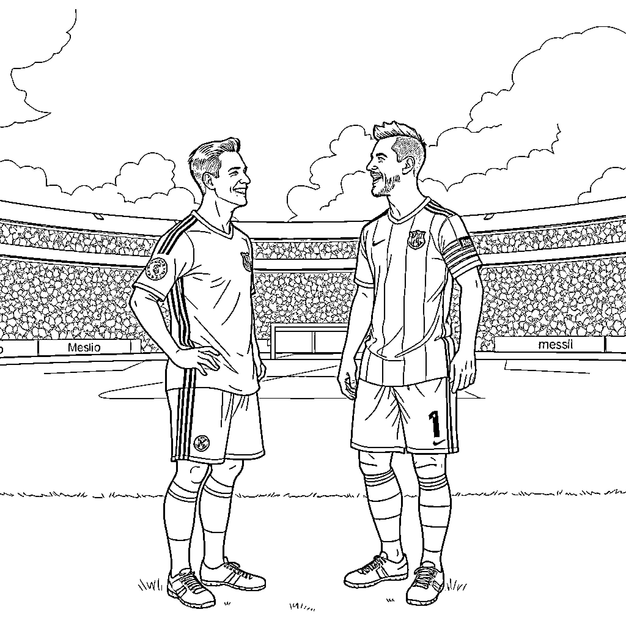 Ronaldo and Messi facing off on the soccer field Coloring Page (free black-and-white line drawing printable PDF for all, from beginners to advanced learners, including children, teens, adults, and seniors)