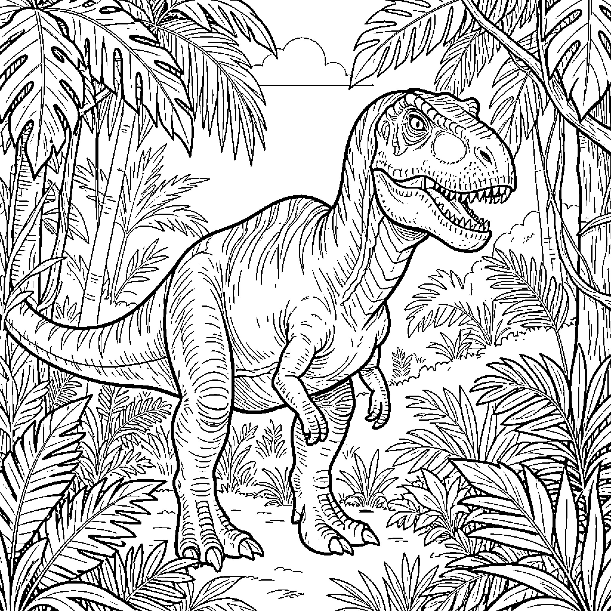 Dinosaur walking through a dense tropical jungle Coloring Page (free black-and-white line drawing printable PDF for all, from beginners to advanced learners, including children, teens, adults, and seniors)