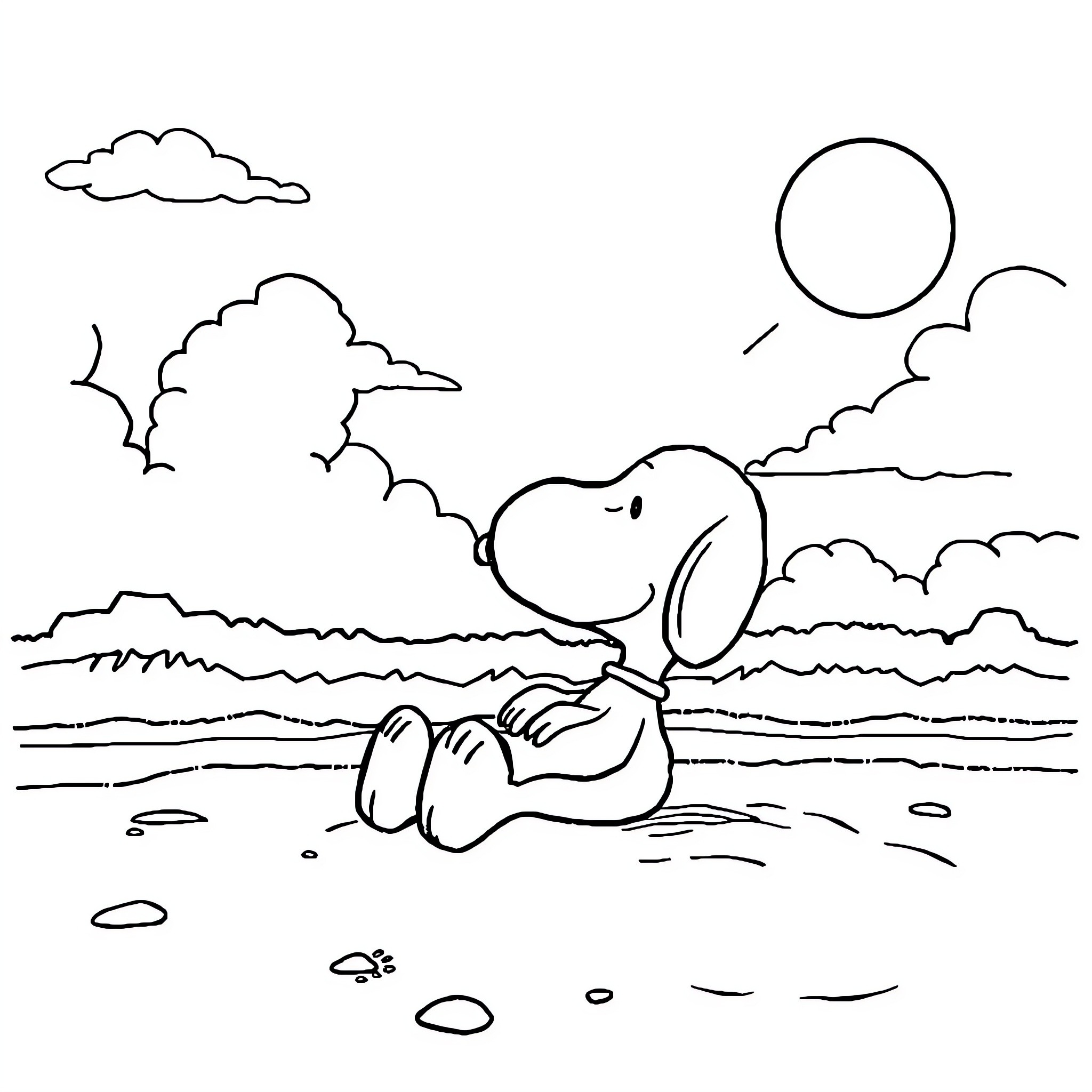Snoopy relaxing on the beach Coloring Page (free black-and-white line drawing printable PDF for all, from beginners to advanced learners, including children, teens, adults, and seniors)