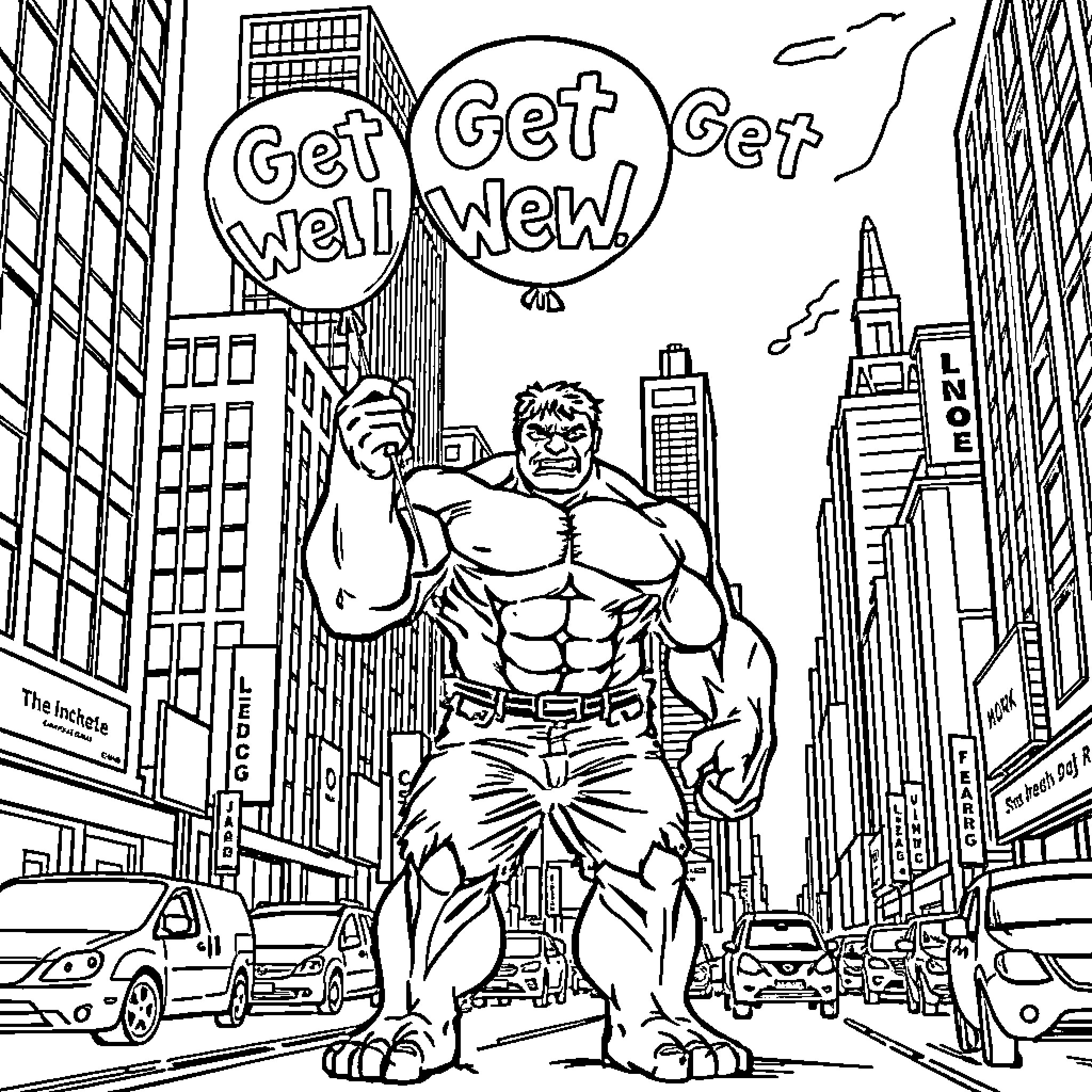 Hulk's Triumphant Recovery in the City Coloring Page (free black-and-white line drawing printable PDF for all, from beginners to advanced learners, including children, teens, adults, and seniors)