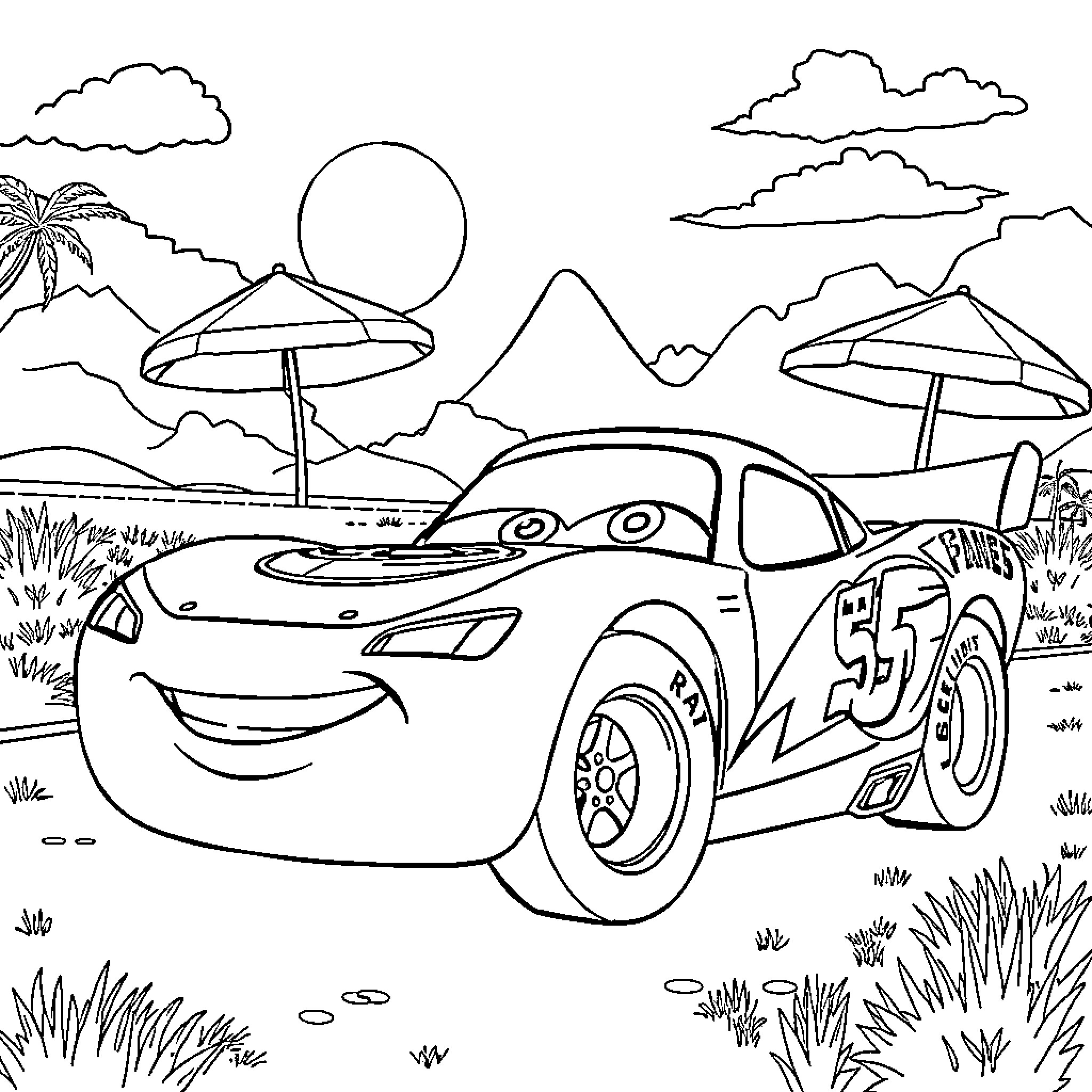 Rayo McQueen enjoying a tropical vacation Coloring Page (free black-and-white line drawing printable PDF for all, from beginners to advanced learners, including children, teens, adults, and seniors)
