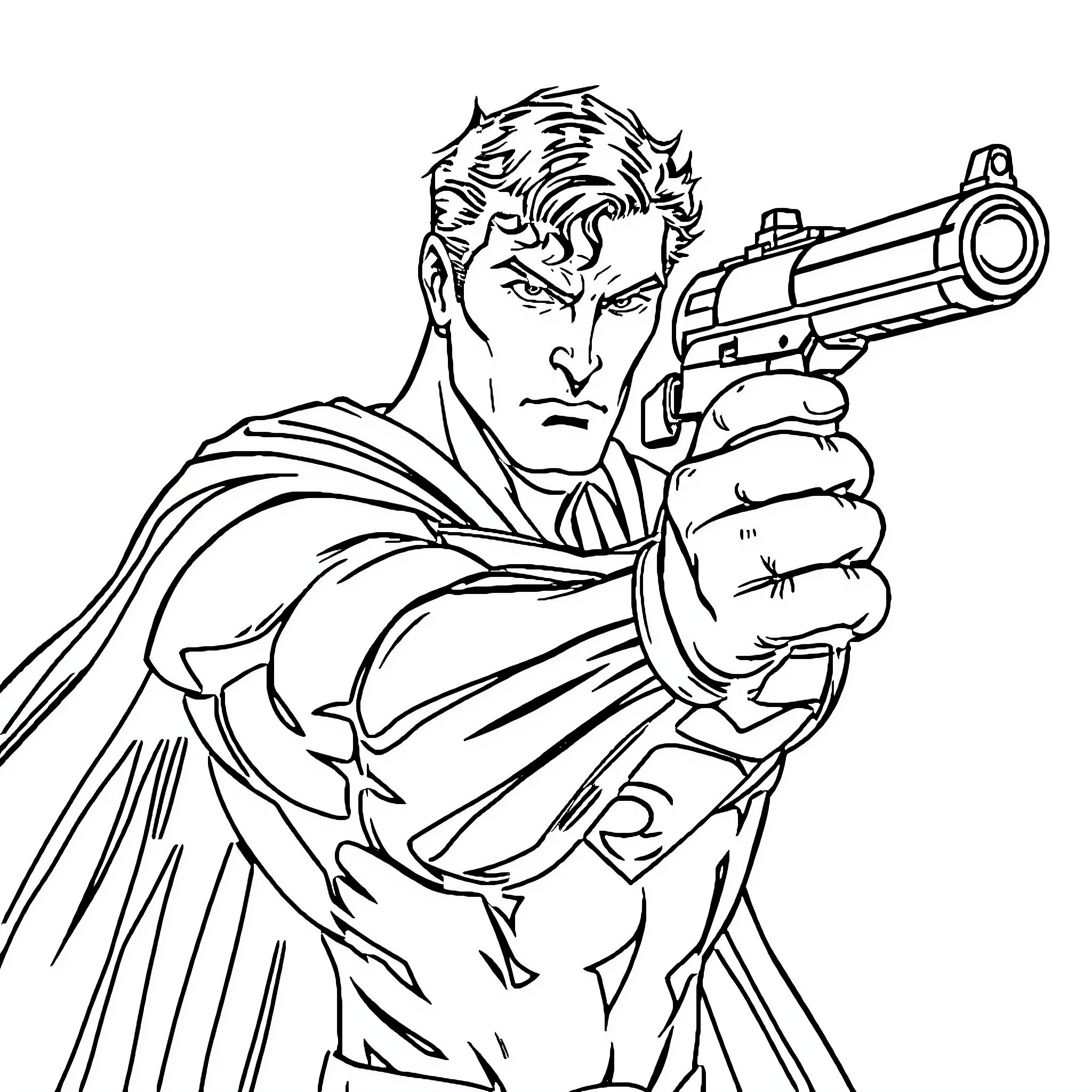 Superman Aiming Gun in Serious Expression Coloring Page (free black-and-white line drawing printable PDF for all, from beginners to advanced learners, including children, teens, adults, and seniors)