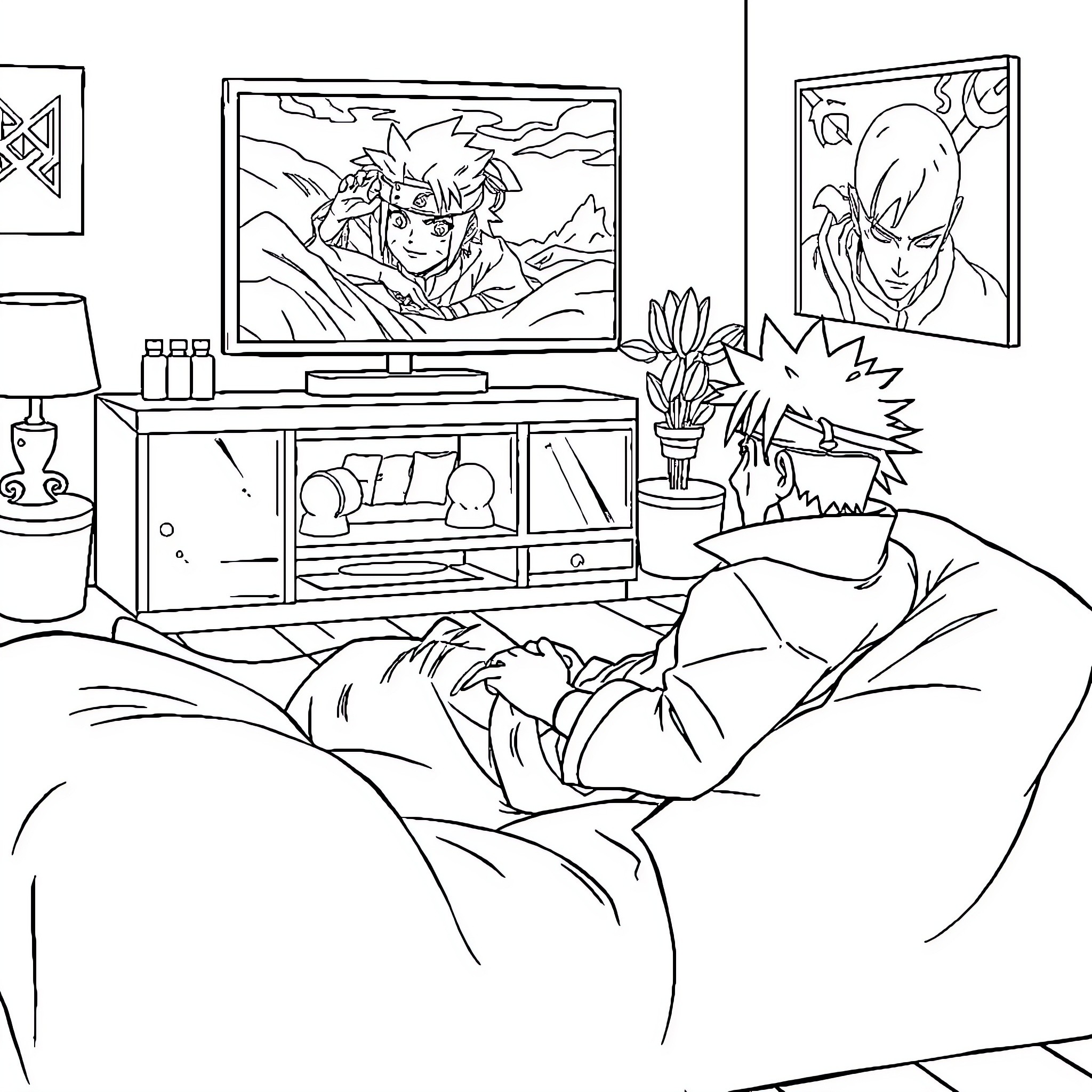 Boruto relaxing and watching TV at home Coloring Page (free black-and-white line drawing printable PDF for all, from beginners to advanced learners, including children, teens, adults, and seniors)