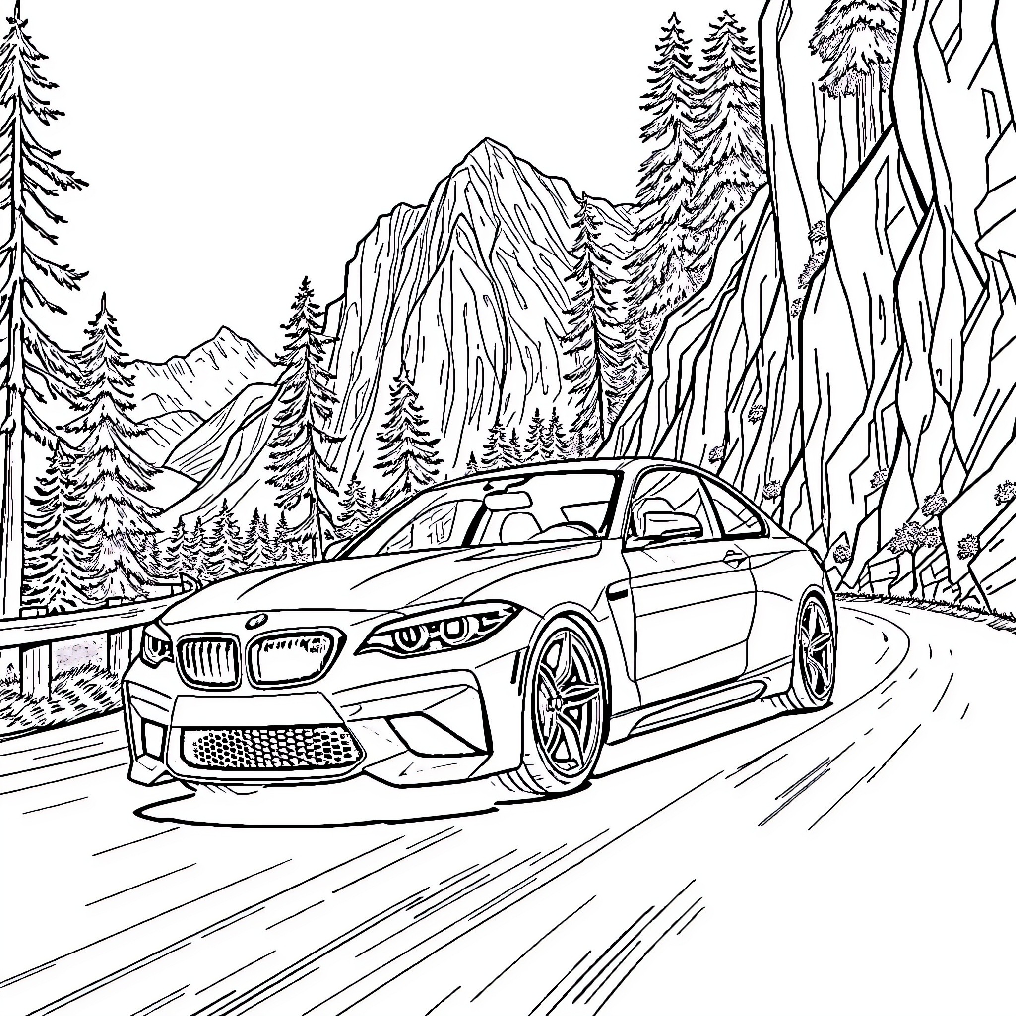 BMW M2 speeding through scenic mountain roads Coloring Page (free black-and-white line drawing printable PDF for all, from beginners to advanced learners, including children, teens, adults, and seniors)