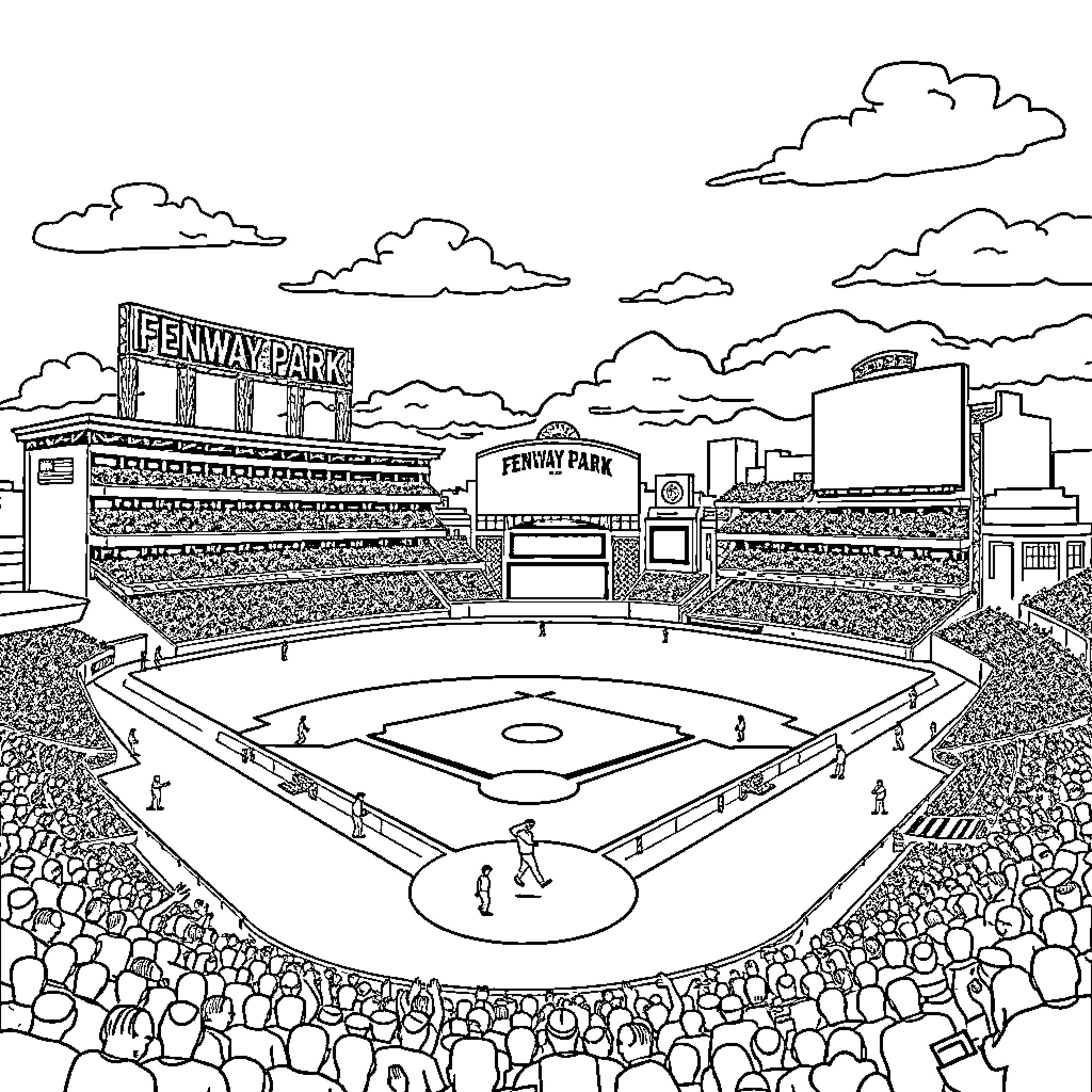 Fenway Park filled with baseball enthusiasts Coloring Page (free black-and-white line drawing printable PDF for all, from beginners to advanced learners, including children, teens, adults, and seniors)