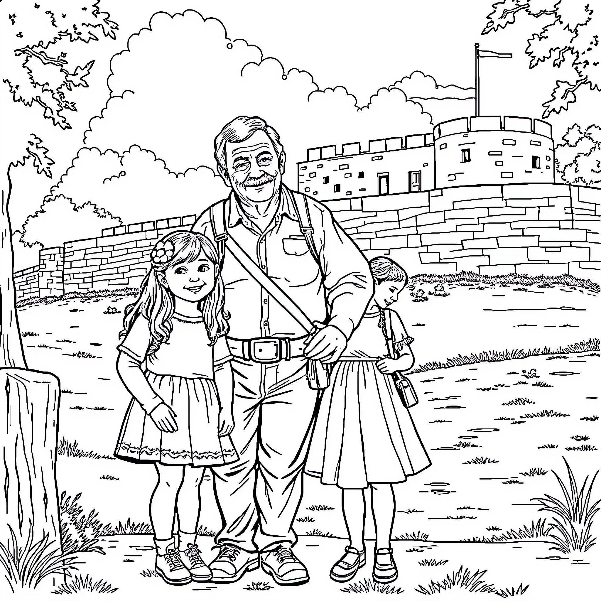 Girl and Grandfather Visit Historic Site Coloring Page (free black-and-white line drawing printable PDF for all, from beginners to advanced learners, including children, teens, adults, and seniors)