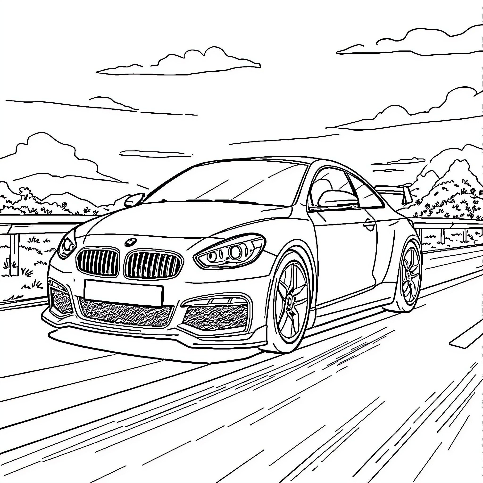 Car speeding on winding road through scenic landscape Coloring Page (free black-and-white line drawing printable PDF for all, from beginners to advanced learners, including children, teens, adults, and seniors)