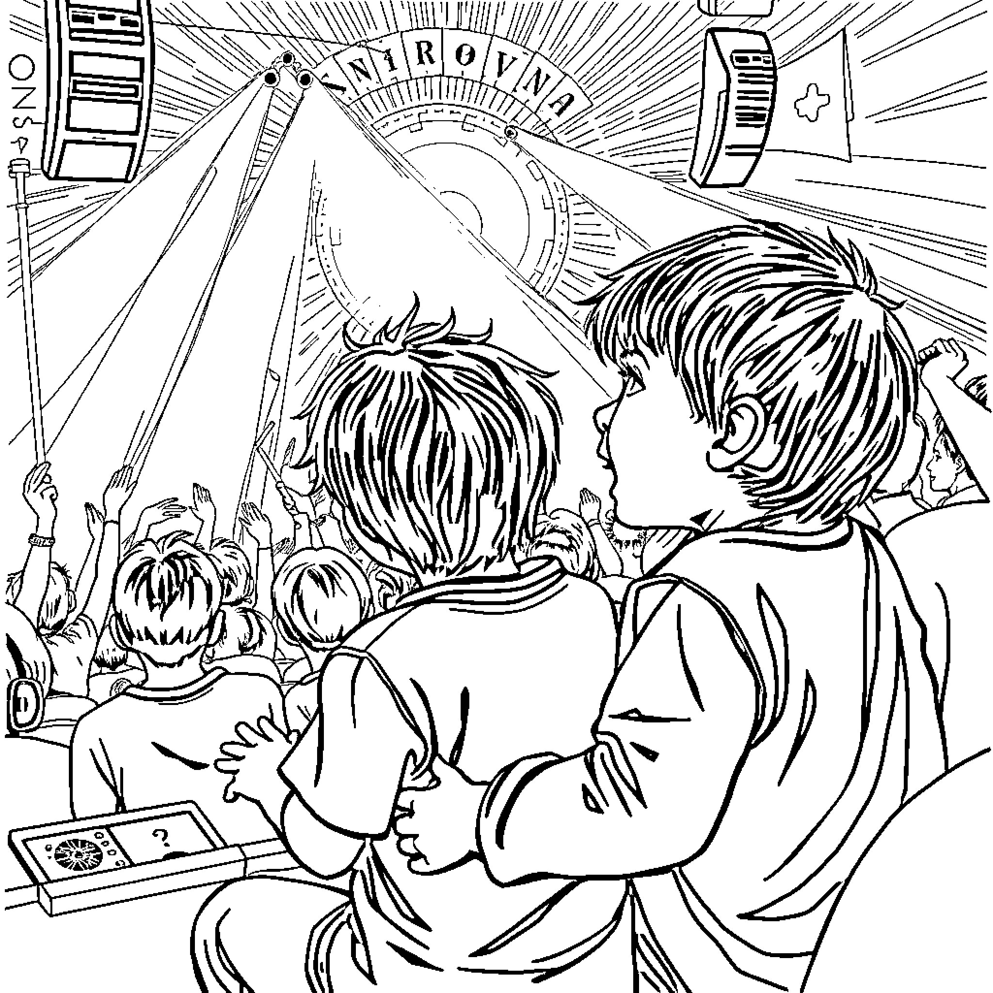 Children watching a stage performance Coloring Page (free black-and-white line drawing printable PDF for all, from beginners to advanced learners, including children, teens, adults, and seniors)