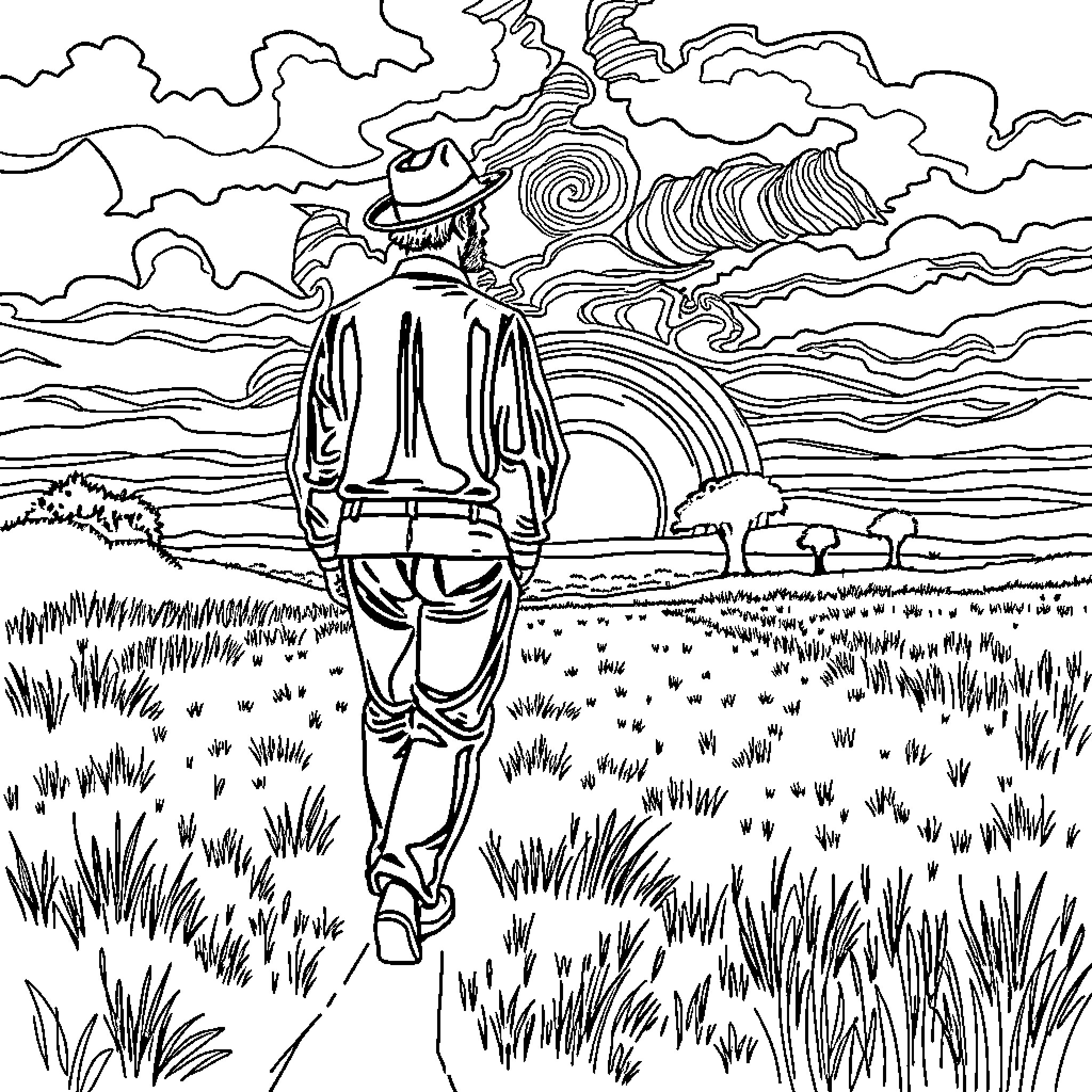 Vincent van Gogh's Whimsical Stroll through a Countryside Landscape Coloring Page (free black-and-white line drawing printable PDF for all, from beginners to advanced learners, including children, teens, adults, and seniors)