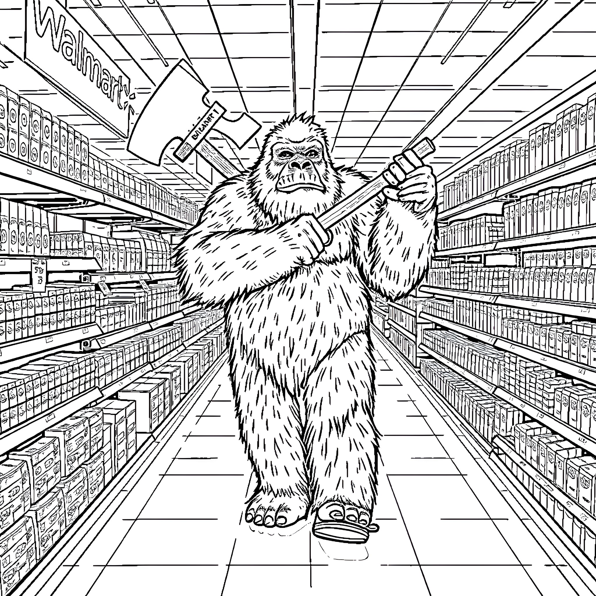 Bigfoot shopping in the grocery store Coloring Page (free black-and-white line drawing printable PDF for all, from beginners to advanced learners, including children, teens, adults, and seniors)