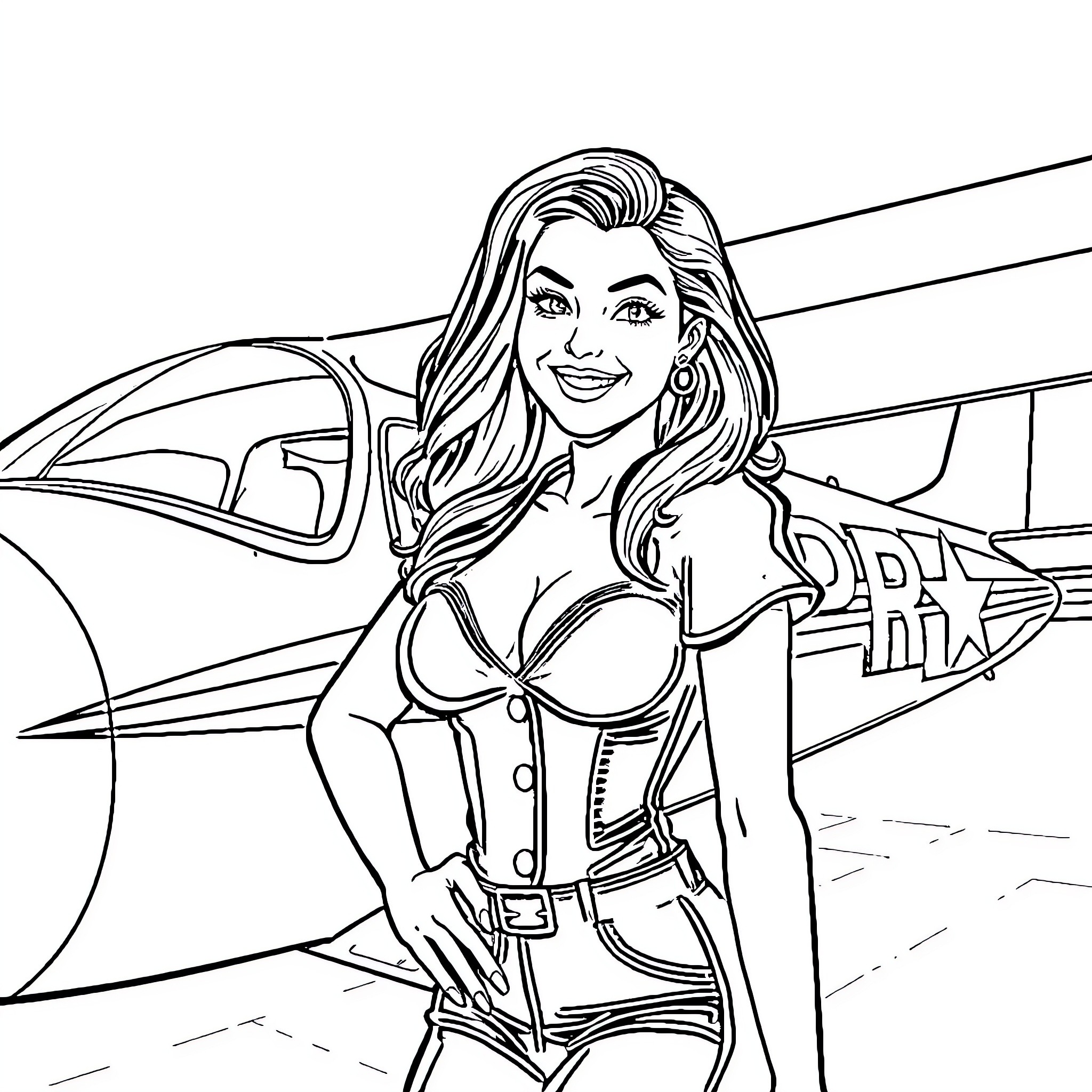 Pin-Up Girl in Vintage Pilot Uniform Coloring Page (free black-and-white line drawing printable PDF for all, from beginners to advanced learners, including children, teens, adults, and seniors)