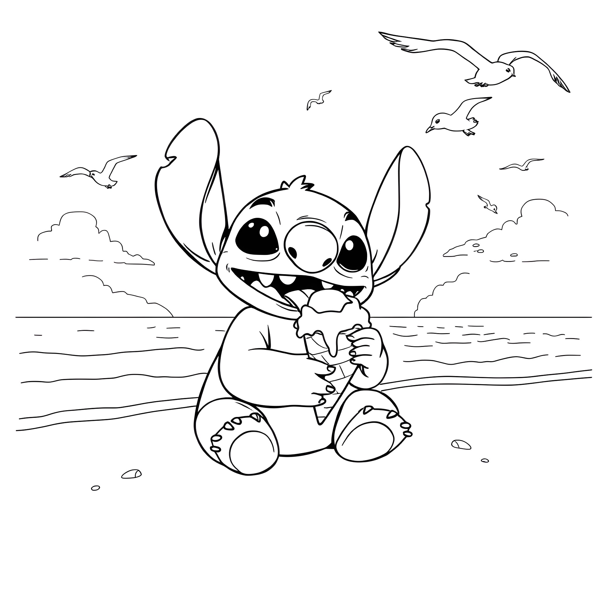 Stitch playing happily on the beach Coloring Page (free black-and-white line drawing printable PDF for all, from beginners to advanced learners, including children, teens, adults, and seniors)