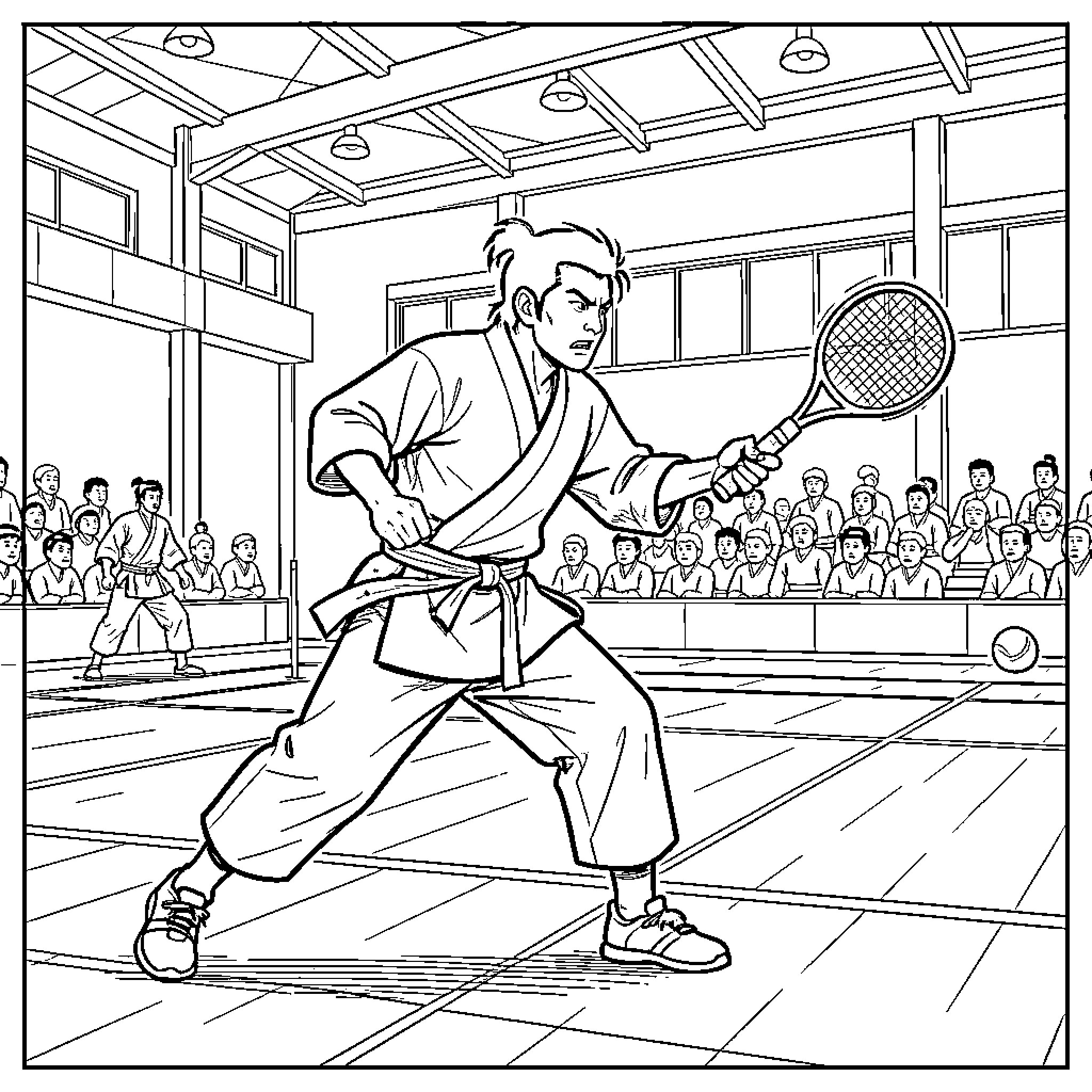 Miyamoto Musashi playing tennis with intense focus Coloring Page (free black-and-white line drawing printable PDF for all, from beginners to advanced learners, including children, teens, adults, and seniors)
